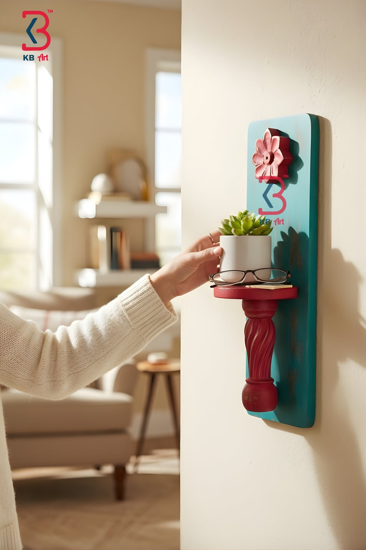 KB ART Wooden Carved Rectangle Shelf Teal Red - Front View of Handcrafted Detailing - Handcrafted Wooden Decor Jodhpur