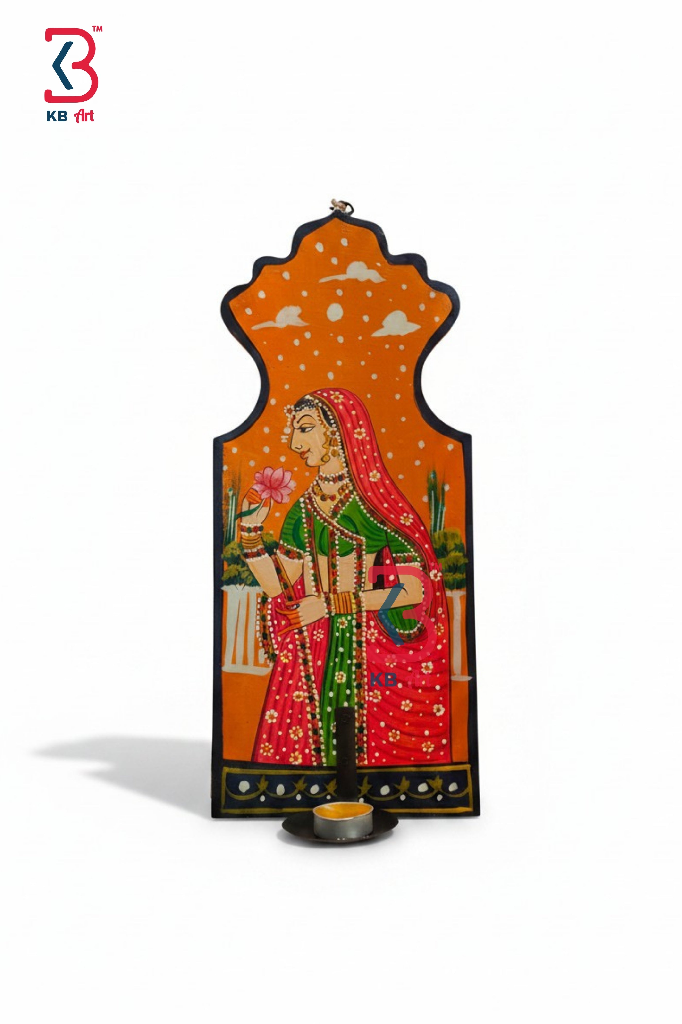 KB ART Wooden Pichwai Bani Thani Tlight Holder - Front View of Handcrafted Detailing - Handcrafted Wooden Decor Jodhpur