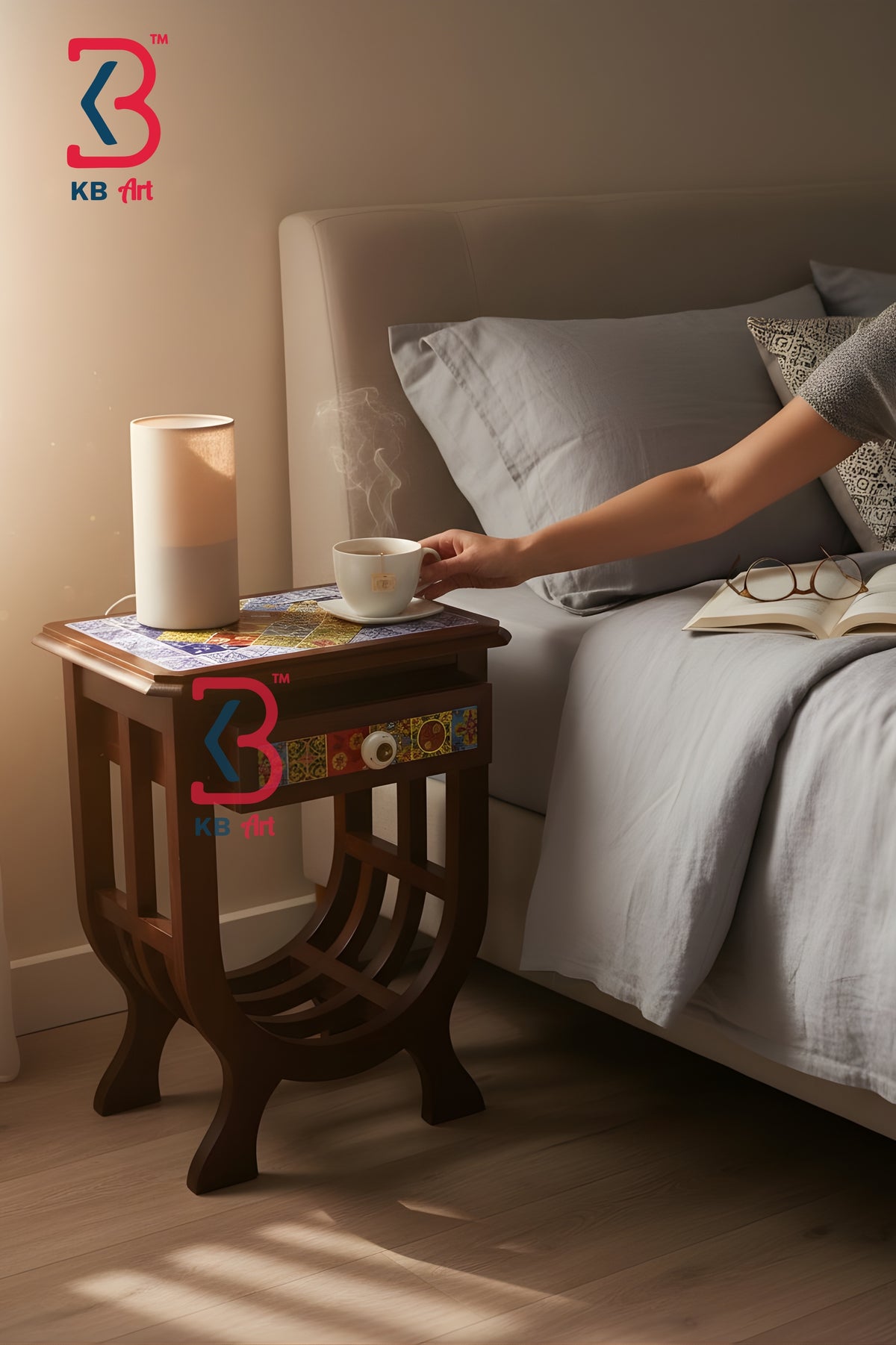 A dark brown wooden nightstand beside a bed, styled with a white cylindrical lamp and a steaming cup on a colorful mat. A person's arm reaches toward the cup.