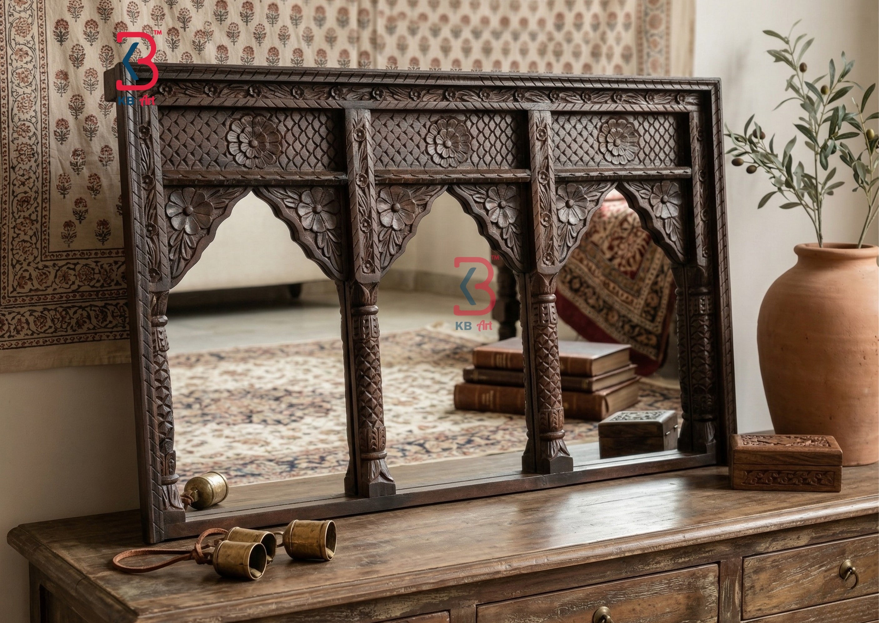 KB ART Large Antique Carved Wooden Wall Mirror - Side Angle Showing Finish and Craftsmanship - Handcrafted Wooden Decor Jodhpur