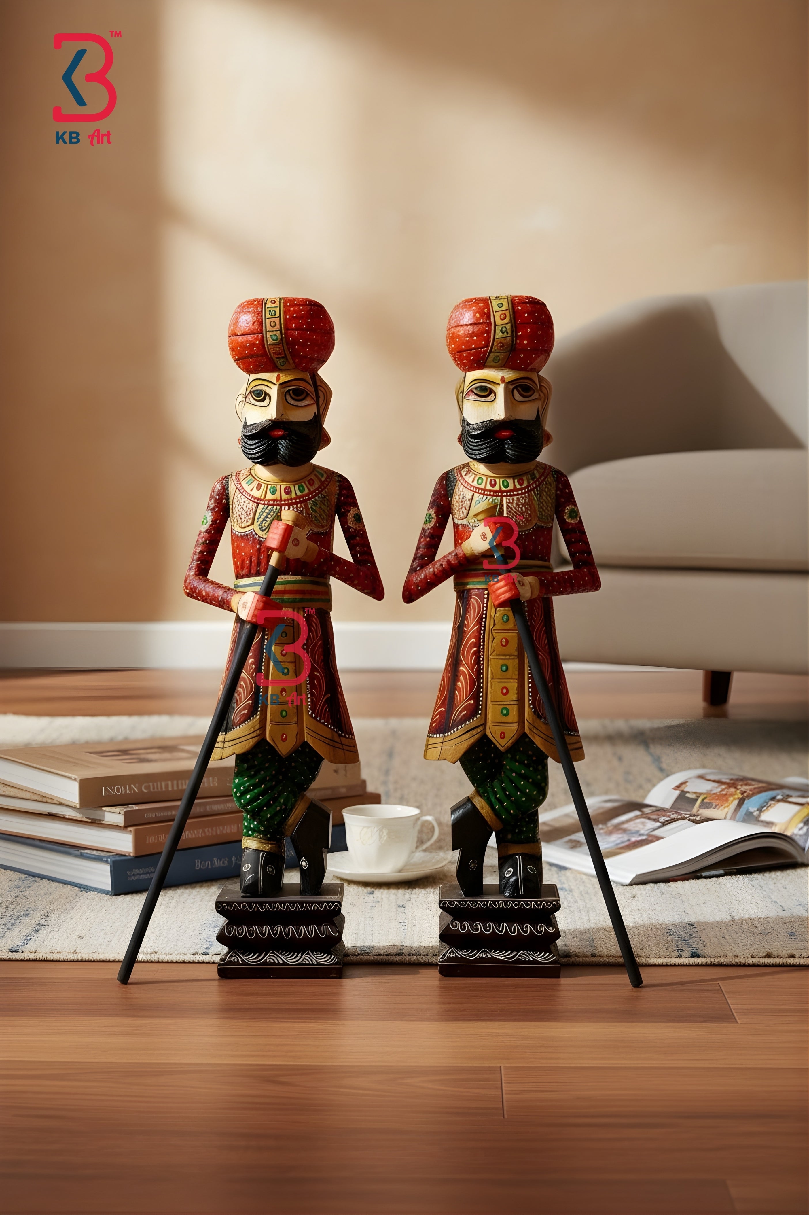 KB ART Handcrafted Wooden Chowkidar Set Tradition - Styled Display in Home Interior Setting - Handcrafted Wooden Decor Jodhpur
