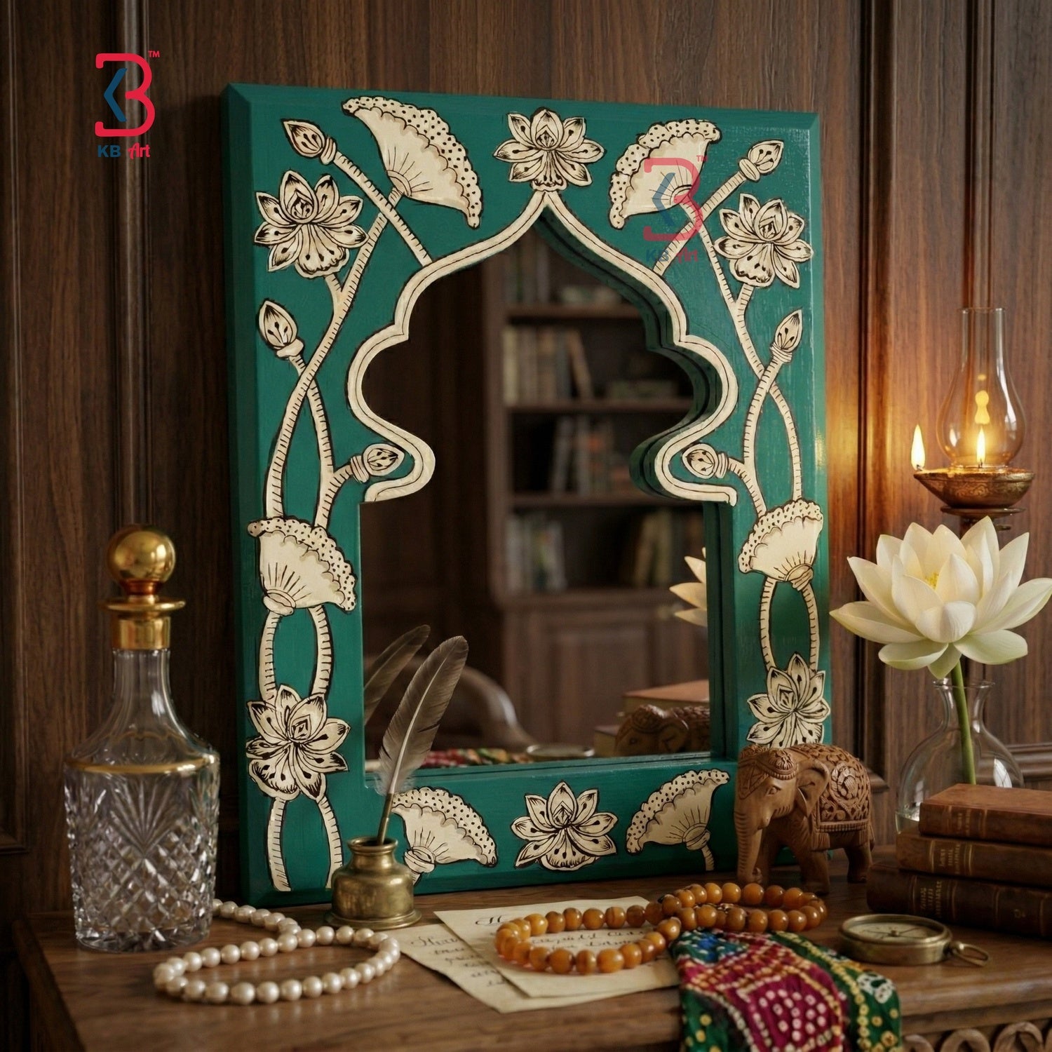 KB ART Teal Lotus Jharokha Mirror - Styled Display in Home Interior Setting - Handcrafted Wooden Decor Jodhpur