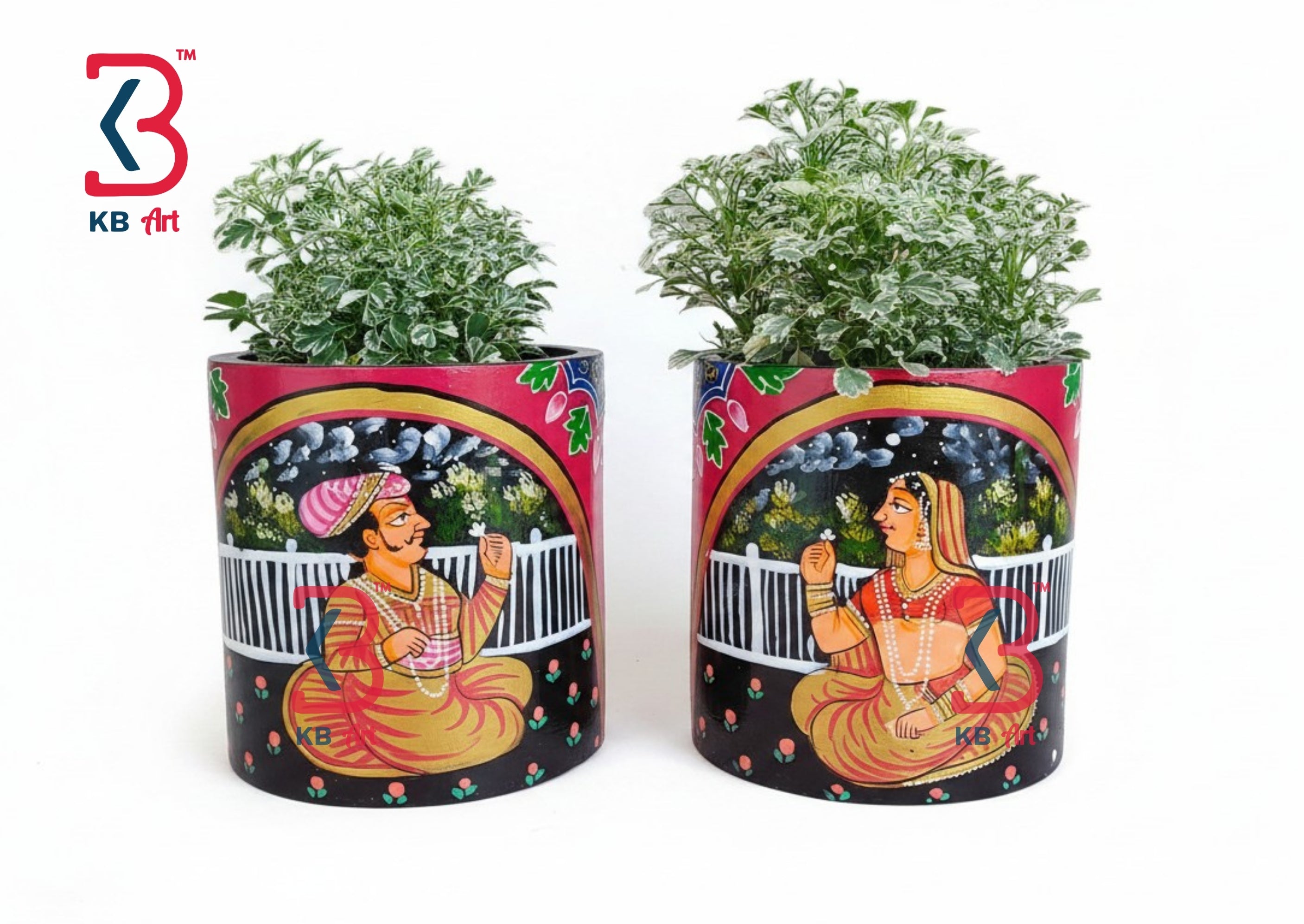KB ART Pichwai Raja Rani Planter - Front View of Handcrafted Detailing - Handcrafted Wooden Decor Jodhpur