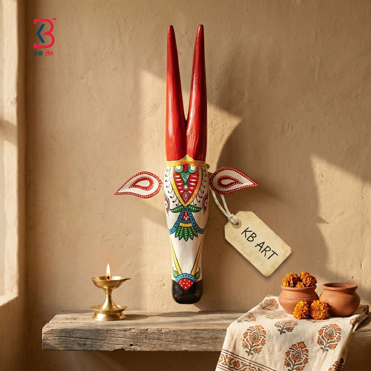 KB ART 18 Inch Traditional Hand Painted Wooden Cow - Close-Up of Hand-Carved Artisan Texture - Handcrafted Wooden Decor Jodhpur