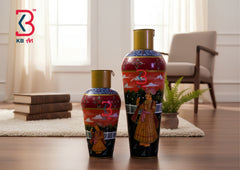 KB ART Set Of 3 Hand Painted Traditional Vases - Styled Display in Home Interior Setting - Handcrafted Wooden Decor Jodhpur