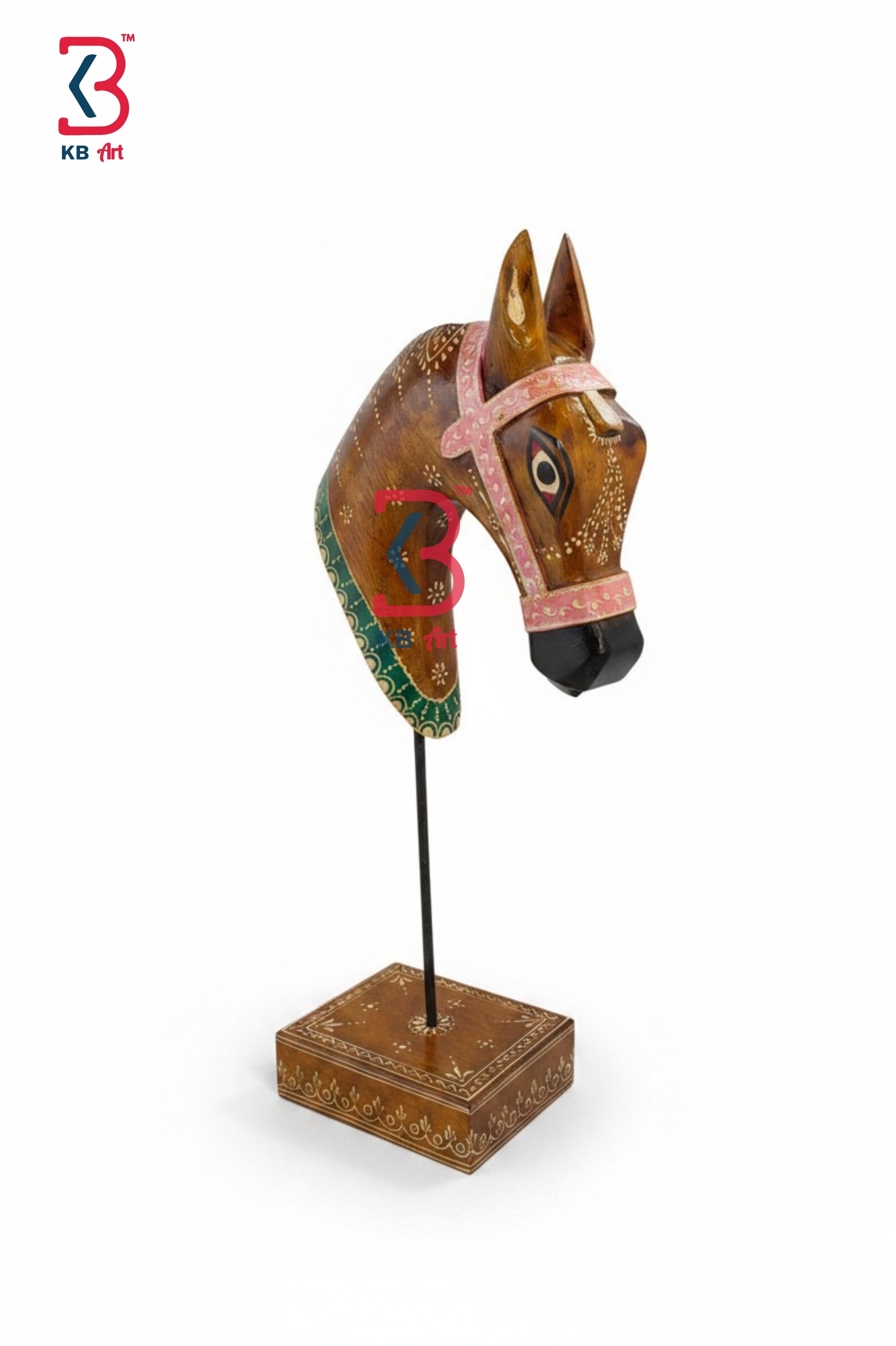 KB ART Wooden Horse Head On Stand - Back View Highlighting Build Quality - Handcrafted Wooden Decor Jodhpur