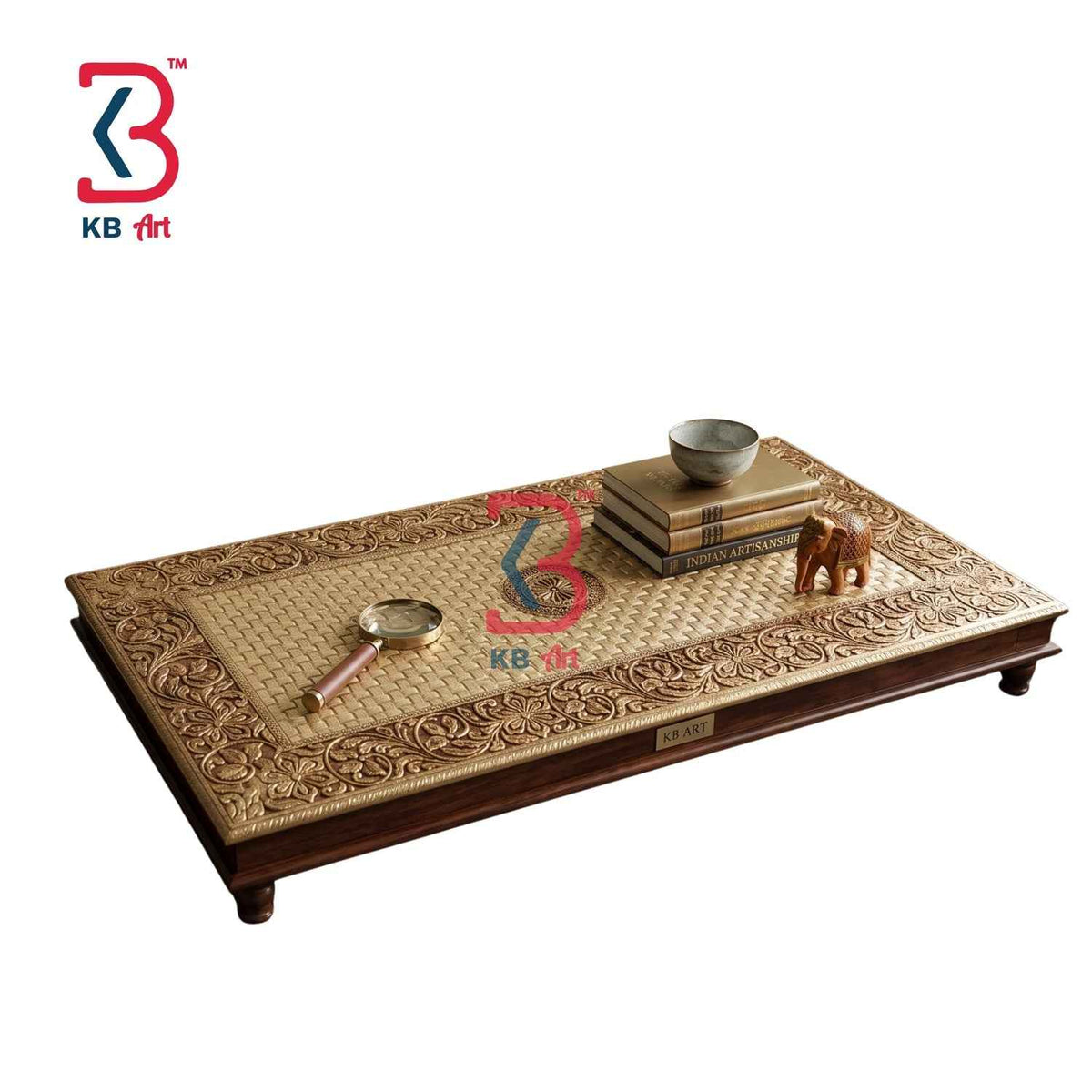 Antique Brass Fitted Wooden Chowki - Hand-Carved Rajasthani Bajot for Pooja & Decor | KB ART