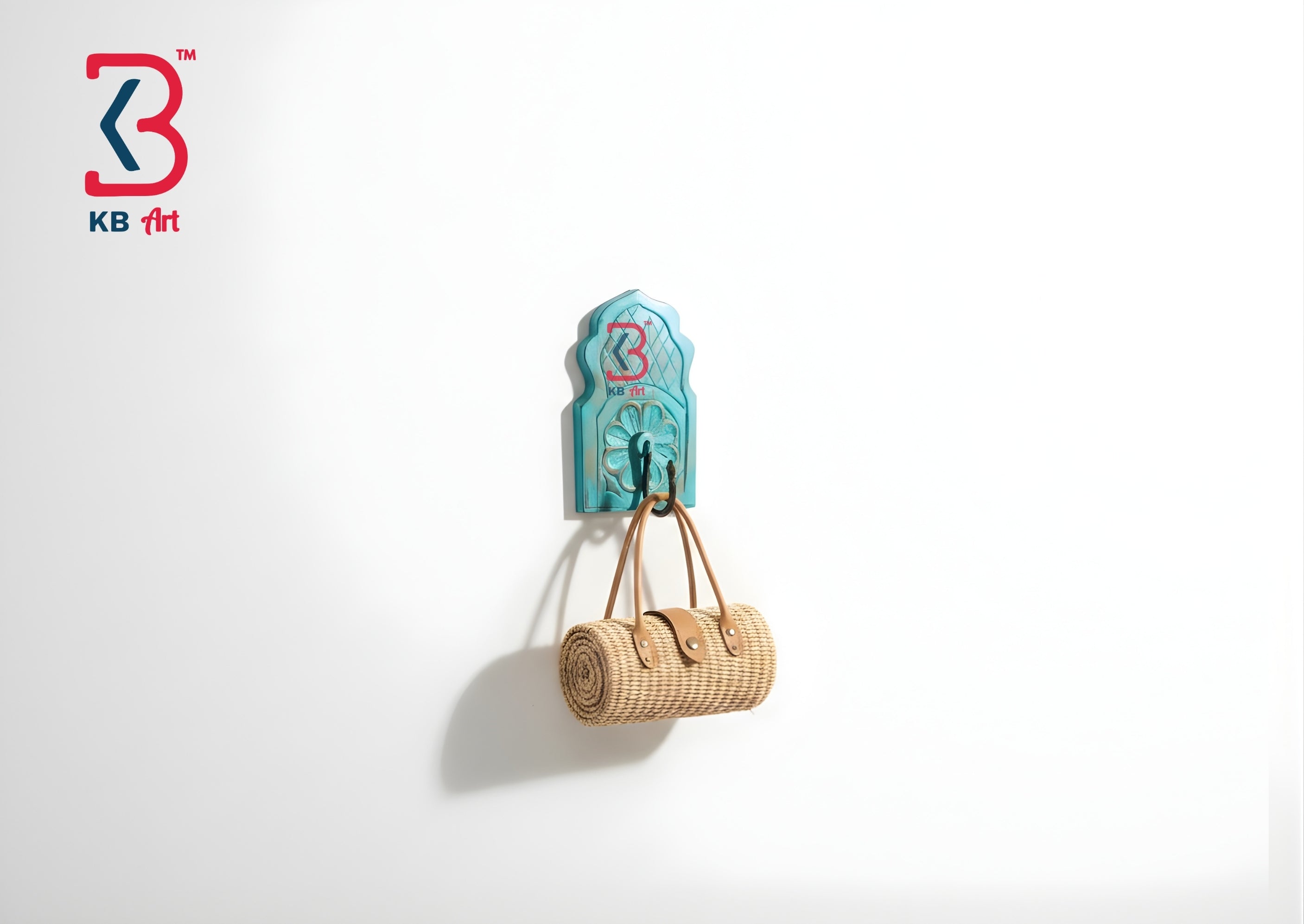 KB ART Blue Arched Floral Single Wall Hook - Close-Up of Hand-Carved Artisan Texture - Handcrafted Wooden Decor Jodhpur