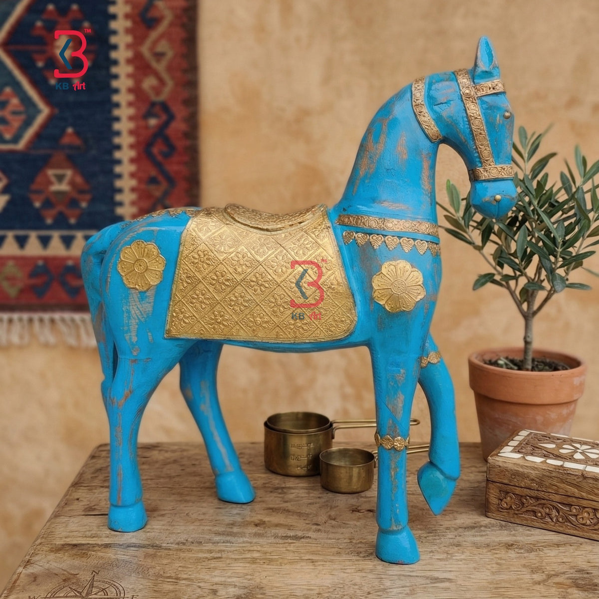 KB ART Handcrafted Blue Wooden Horse Statue - Close-Up of Hand-Carved Artisan Texture - Handcrafted Wooden Decor Jodhpur