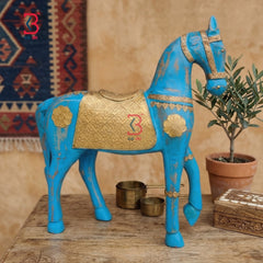 KB ART Handcrafted Blue Wooden Horse Statue - Close-Up of Hand-Carved Artisan Texture - Handcrafted Wooden Decor Jodhpur