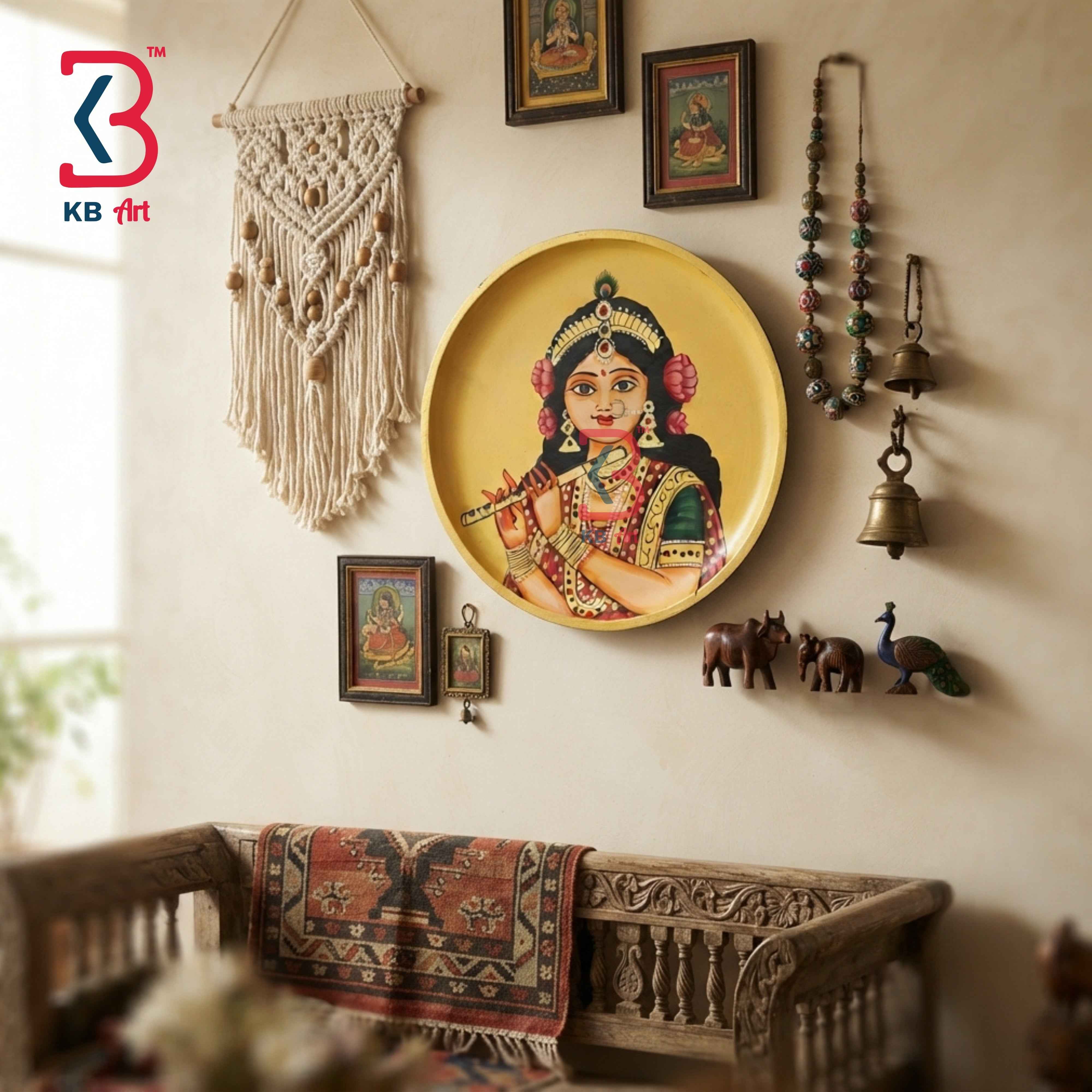 Handpainted Wooden Wall Plate of Radha Rani Playing Bansuri – 12 Inch Indian Wall Decor