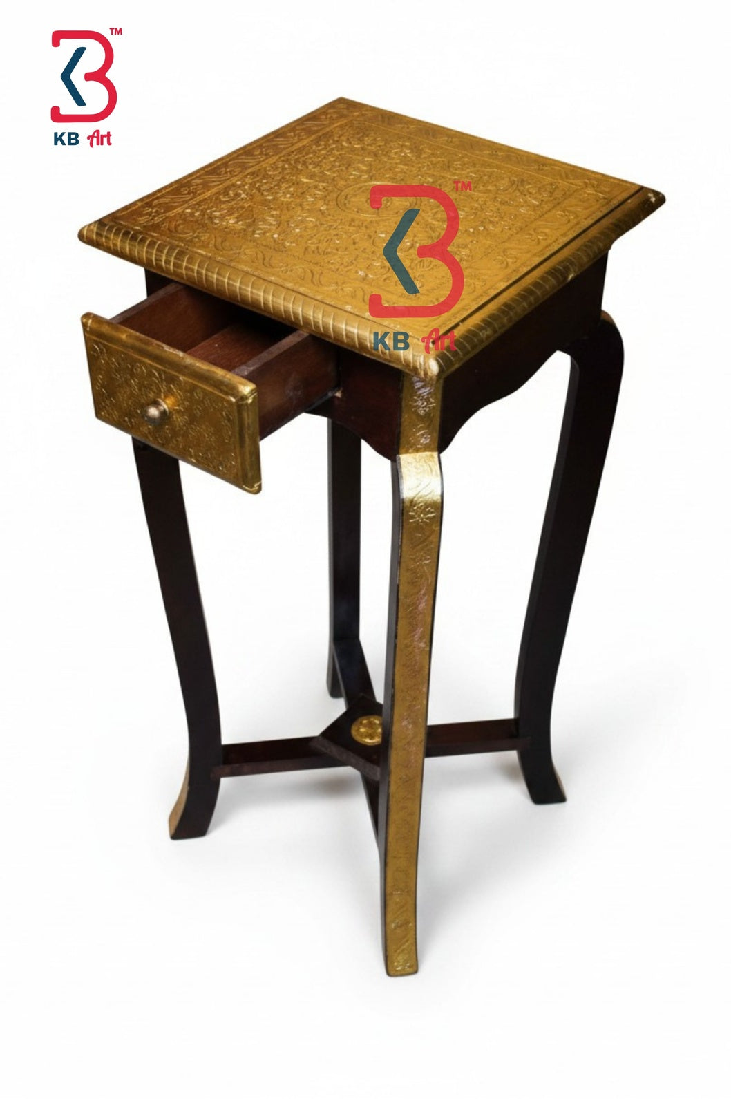 Wooden side table with a drawer on a white background, featuring the KB logo.