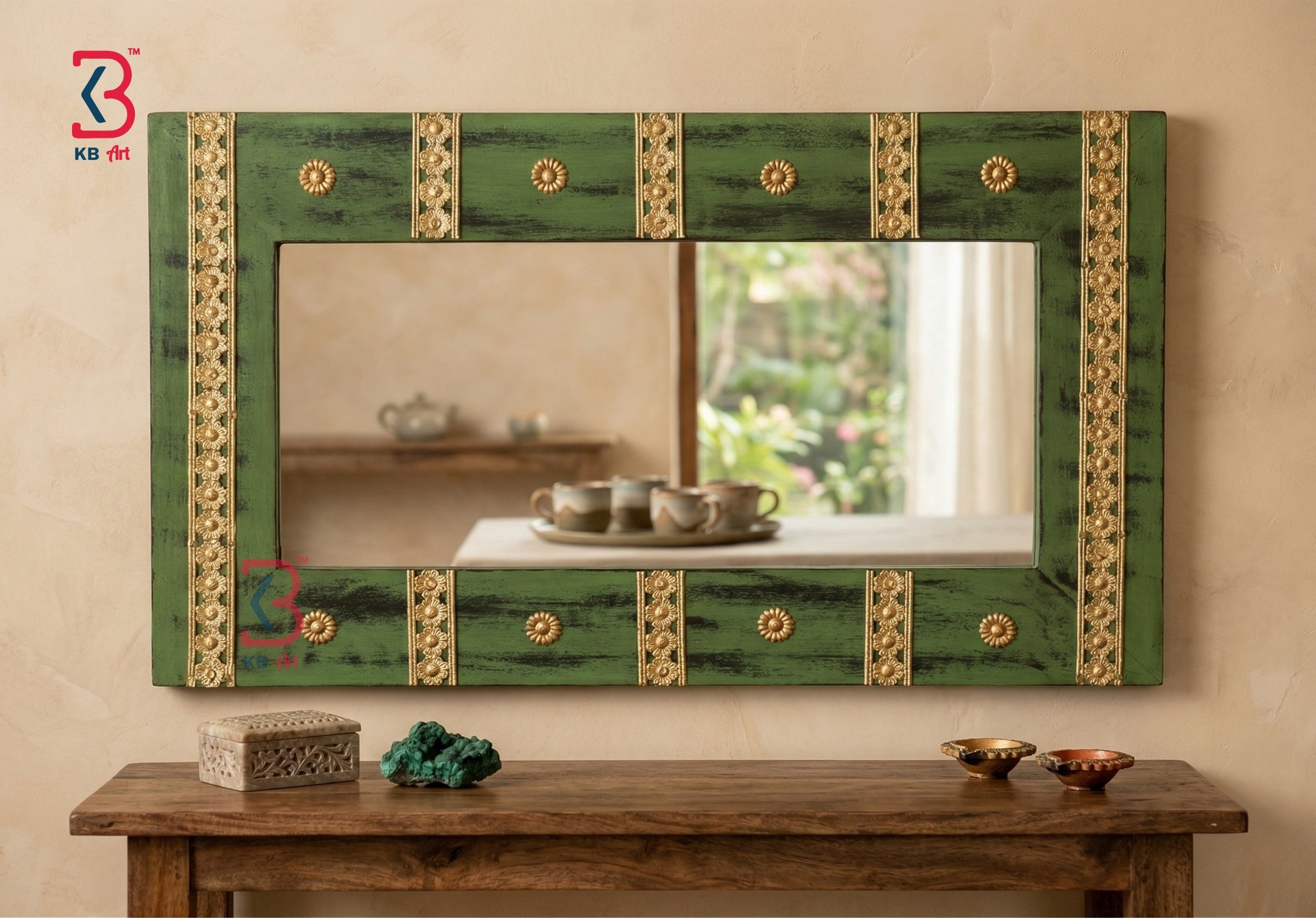 KB ART Wooden Brass Rectangle Mirror - Close-Up of Hand-Carved Artisan Texture - Handcrafted Wooden Decor Jodhpur