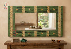 KB ART Wooden Brass Rectangle Mirror - Close-Up of Hand-Carved Artisan Texture - Handcrafted Wooden Decor Jodhpur