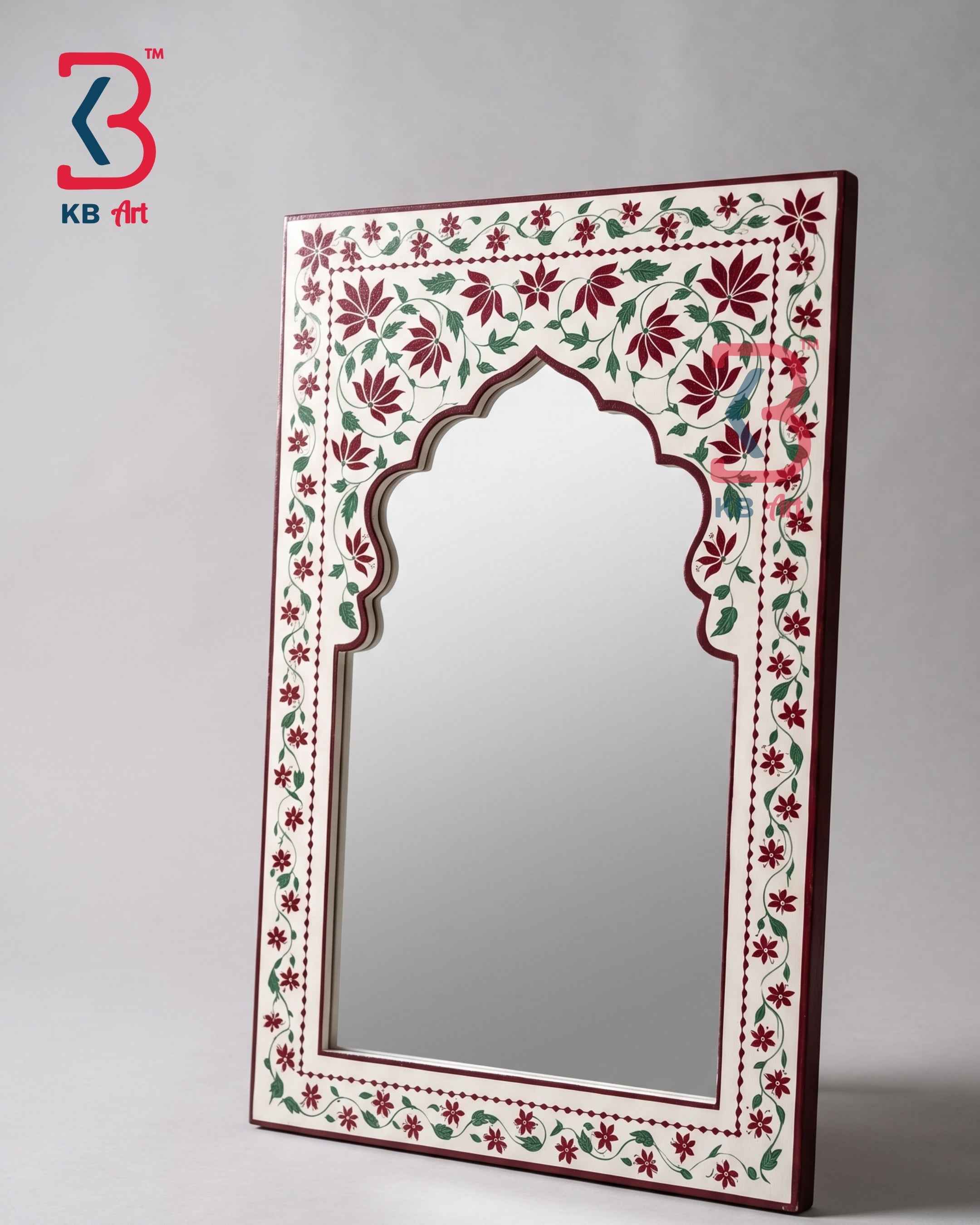 Handcrafted Cream Wooden Jharokha Mirror Frame | Traditional Rajasthani Hand-Painted Floral Vine Arch Wall Decor Panel