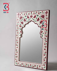 Handcrafted Cream Wooden Jharokha Mirror Frame | Traditional Rajasthani Hand-Painted Floral Vine Arch Wall Decor Panel