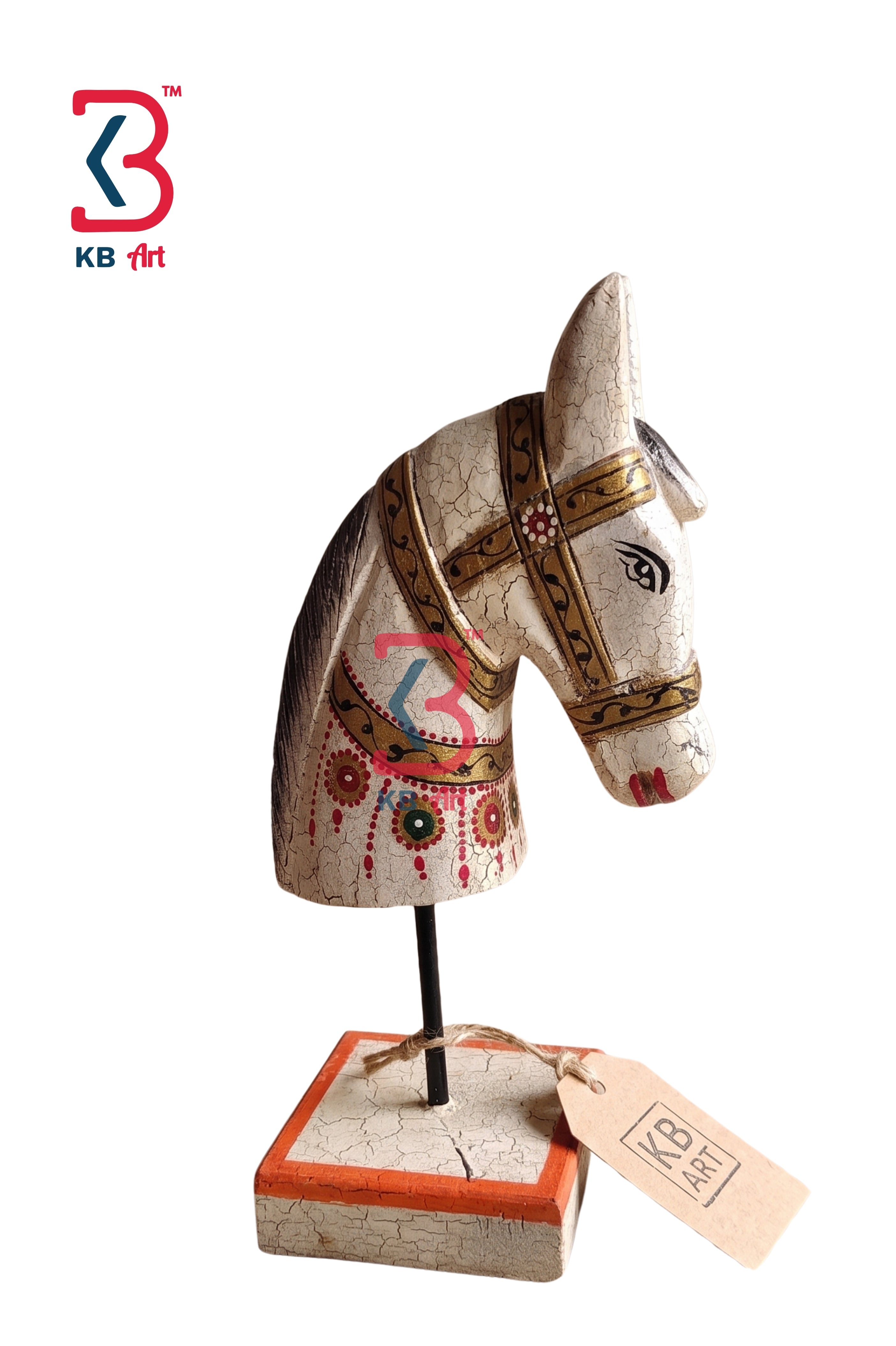 A KB ART antique-style wooden horse head stand styled beautifully on an entryway console table next to a decorative vase and stacked books.