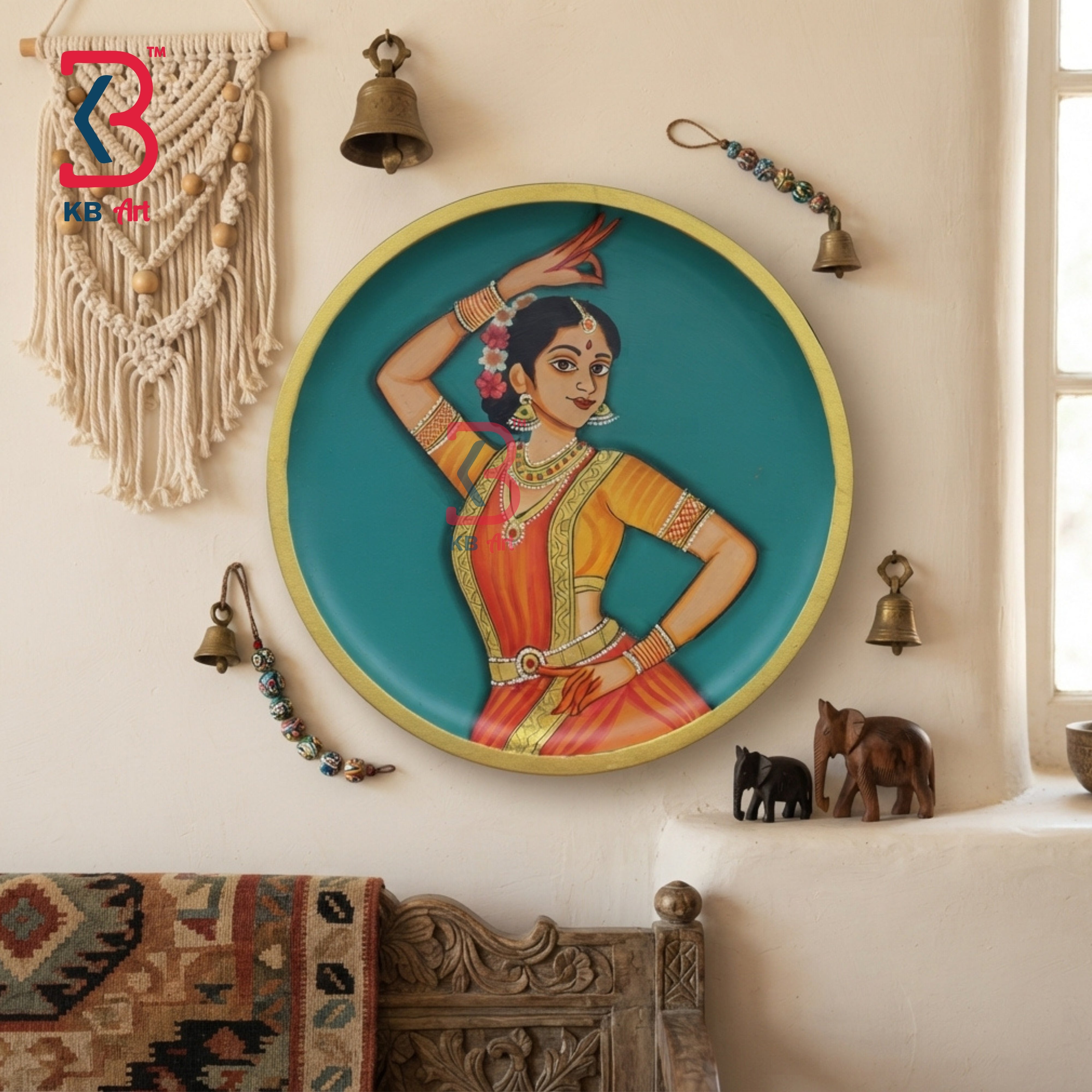 Round wooden wall plate with hand-painted Bharatanatyam classical dancer in orange saree on turquoise background with gold rim