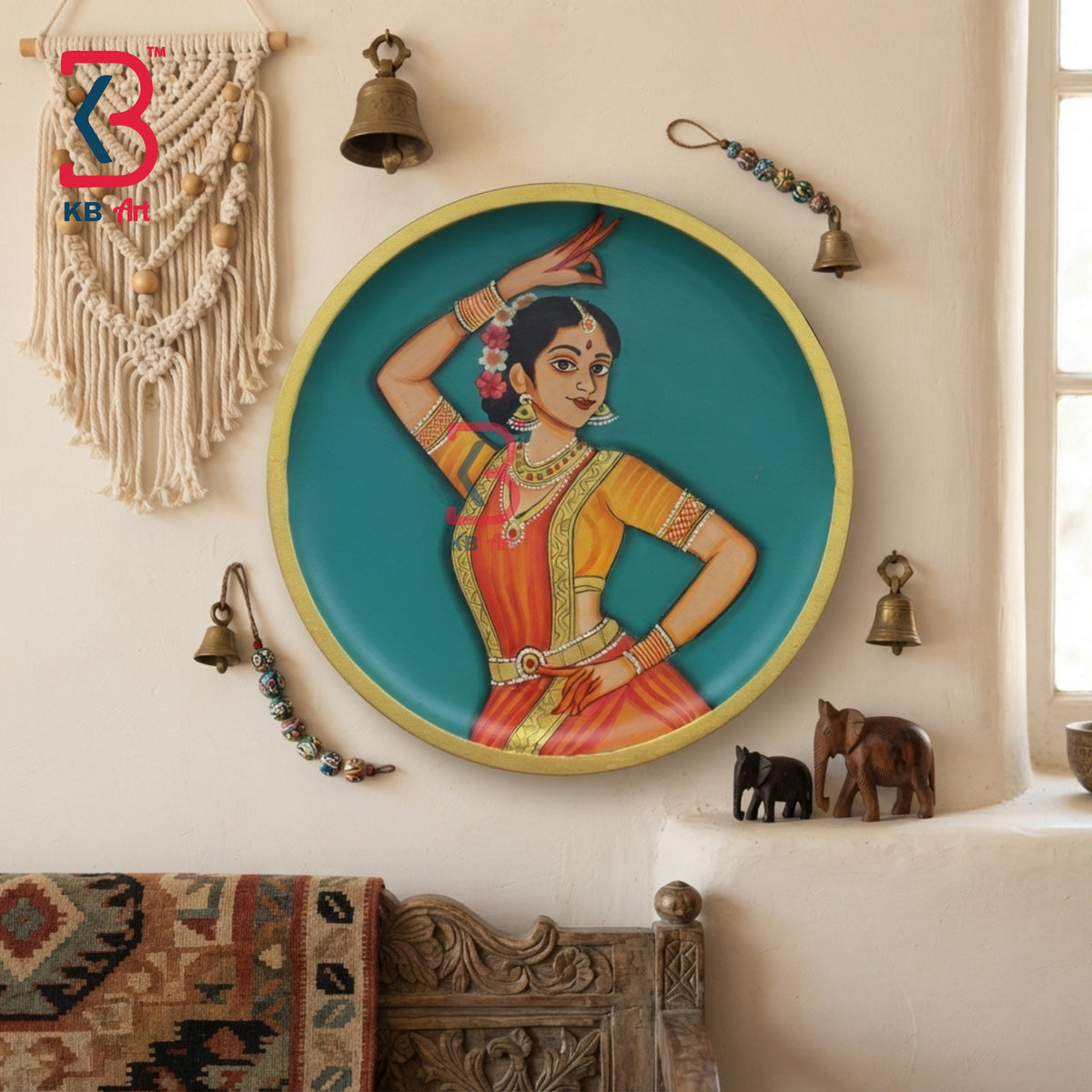 Round wooden wall plate with hand-painted Bharatanatyam classical dancer in orange saree on turquoise background with gold rim