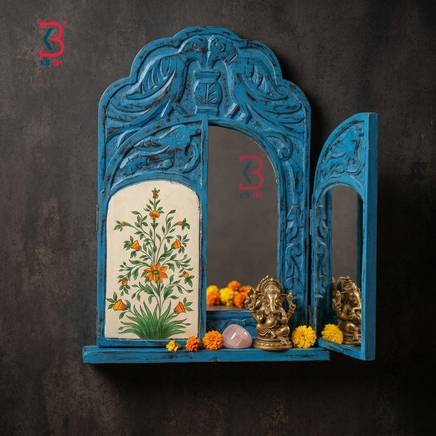 KB ART Wooden Antique Window Jharokha Mirror - Front View of Handcrafted Detailing - Handcrafted Wooden Decor Jodhpur