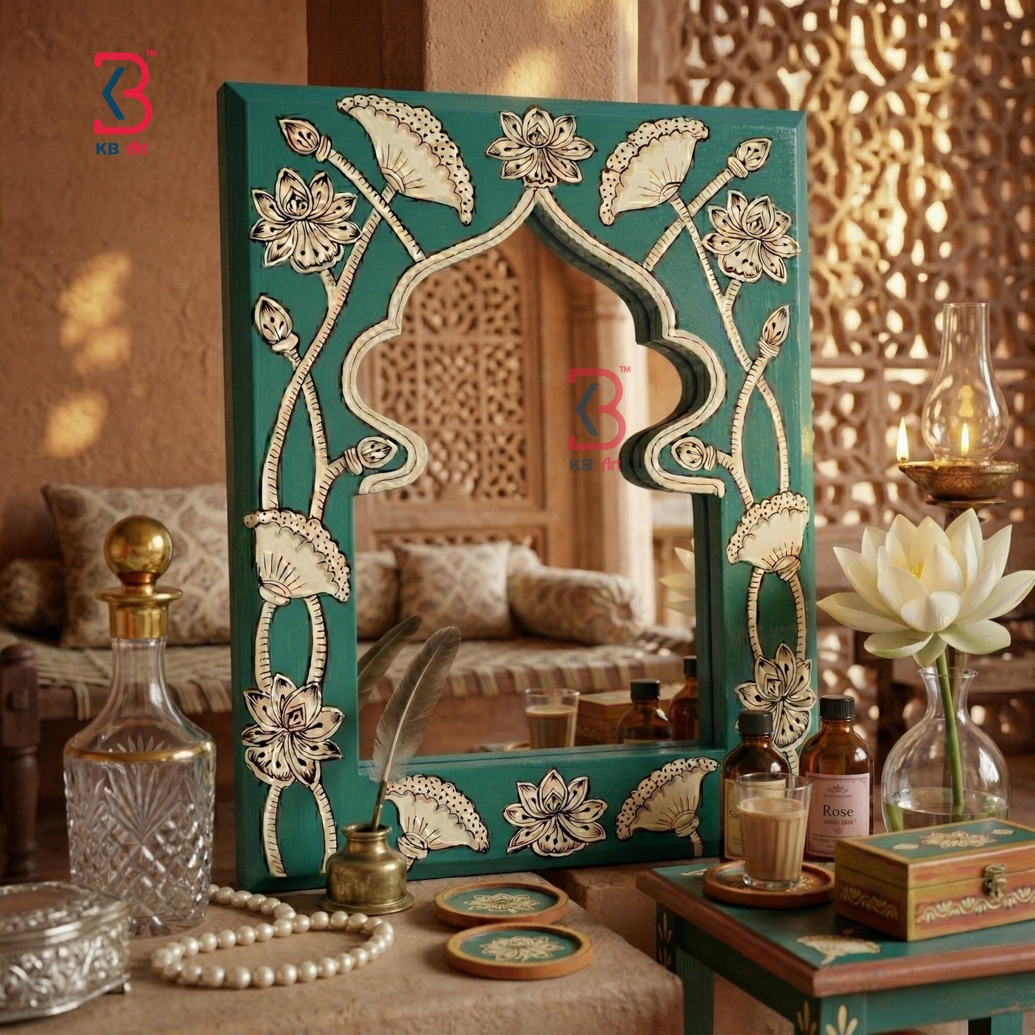 KB ART Teal Lotus Jharokha Mirror - Close-Up of Hand-Carved Artisan Texture - Handcrafted Wooden Decor Jodhpur
