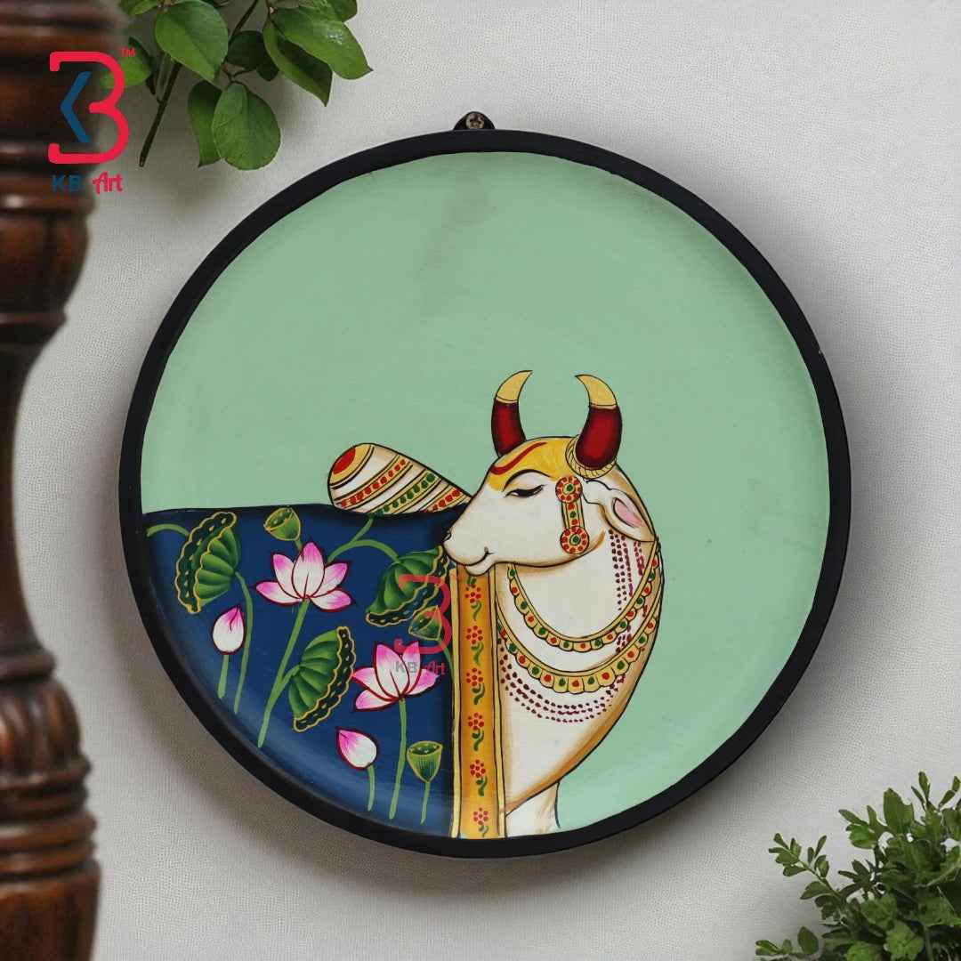 KB ART 12x12 Inch Round Wooden Pichwai Cow Wall Plate  | Handpainted Blue Lotus Cow Art | Traditional Indian Home Decor
