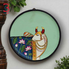 KB ART 12x12 Inch Round Wooden Pichwai Cow Wall Plate  | Handpainted Blue Lotus Cow Art | Traditional Indian Home Decor