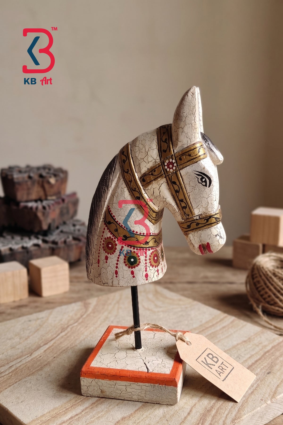 KB ART traditional hand-carved wooden horse head statue with an antique white crackle finish and hand-painted golden harnesses mounted on a square block stand.
