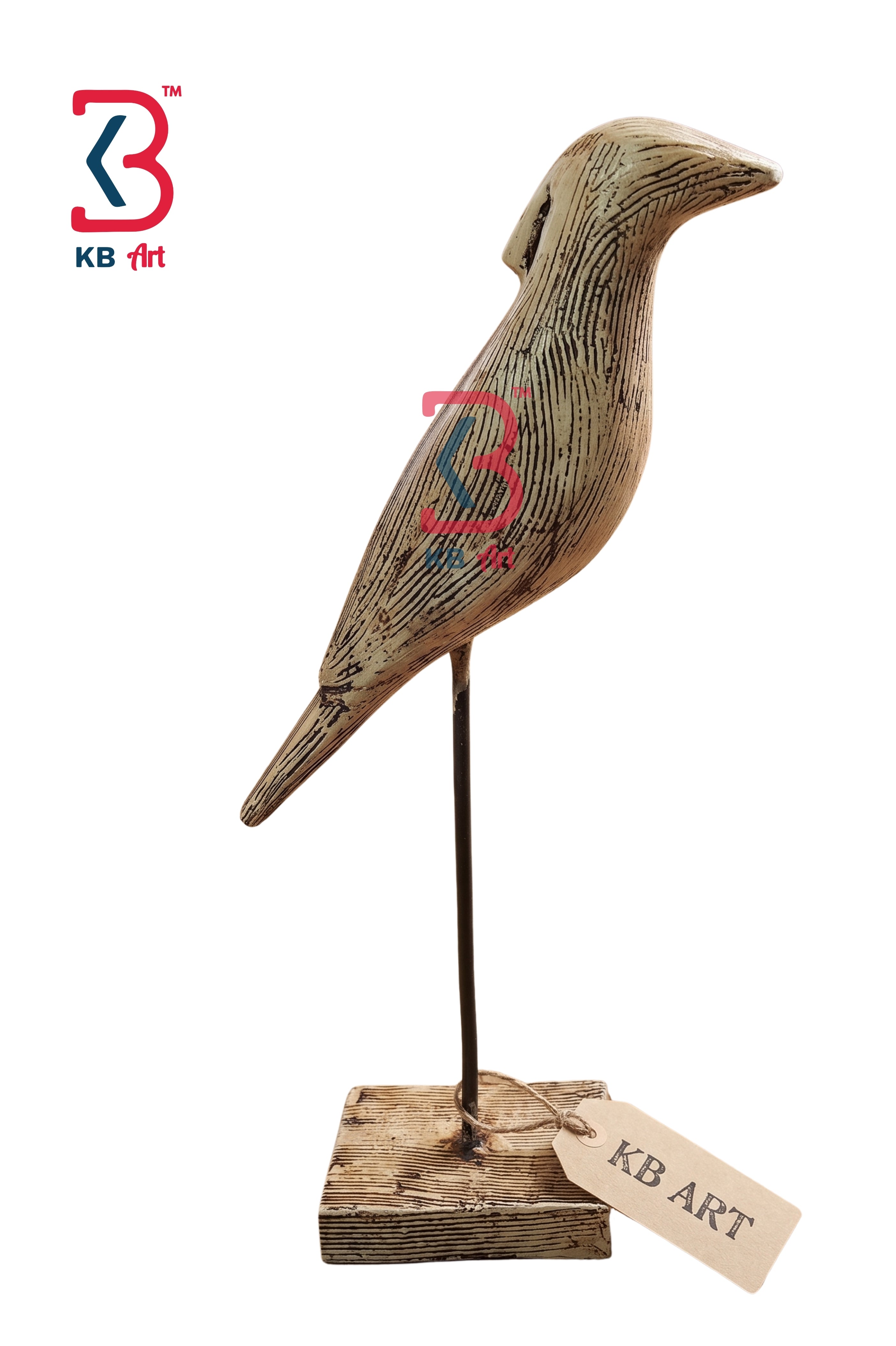 KB ART Handcrafted Wooden Distressed Sparrow Figur - Front View of Handcrafted Detailing - Handcrafted Wooden Decor Jodhpur