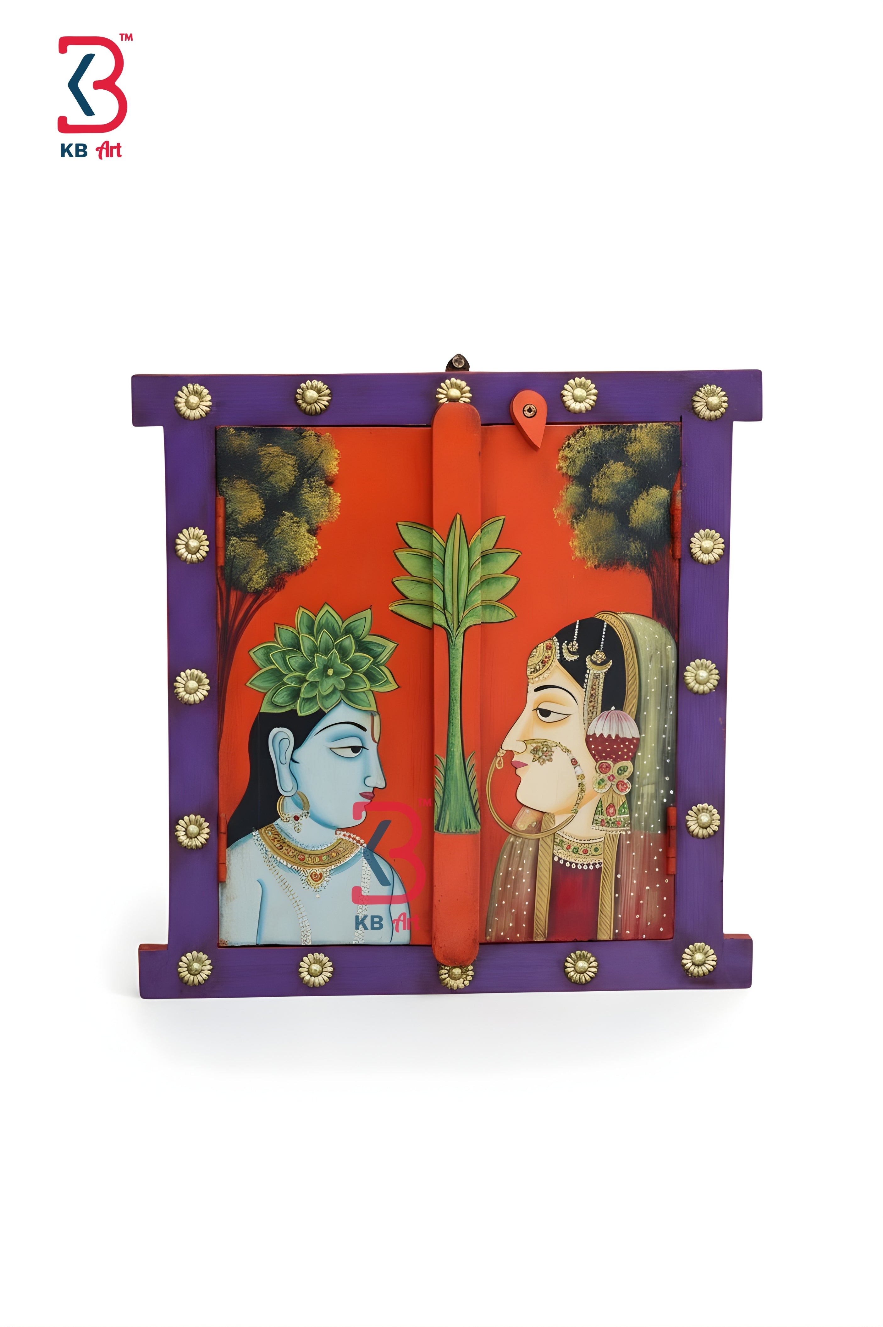 KB ART Wooden Pichwai Radha Krishna Window Mirror - Front View of Handcrafted Detailing - Handcrafted Wooden Decor Jodhpur
