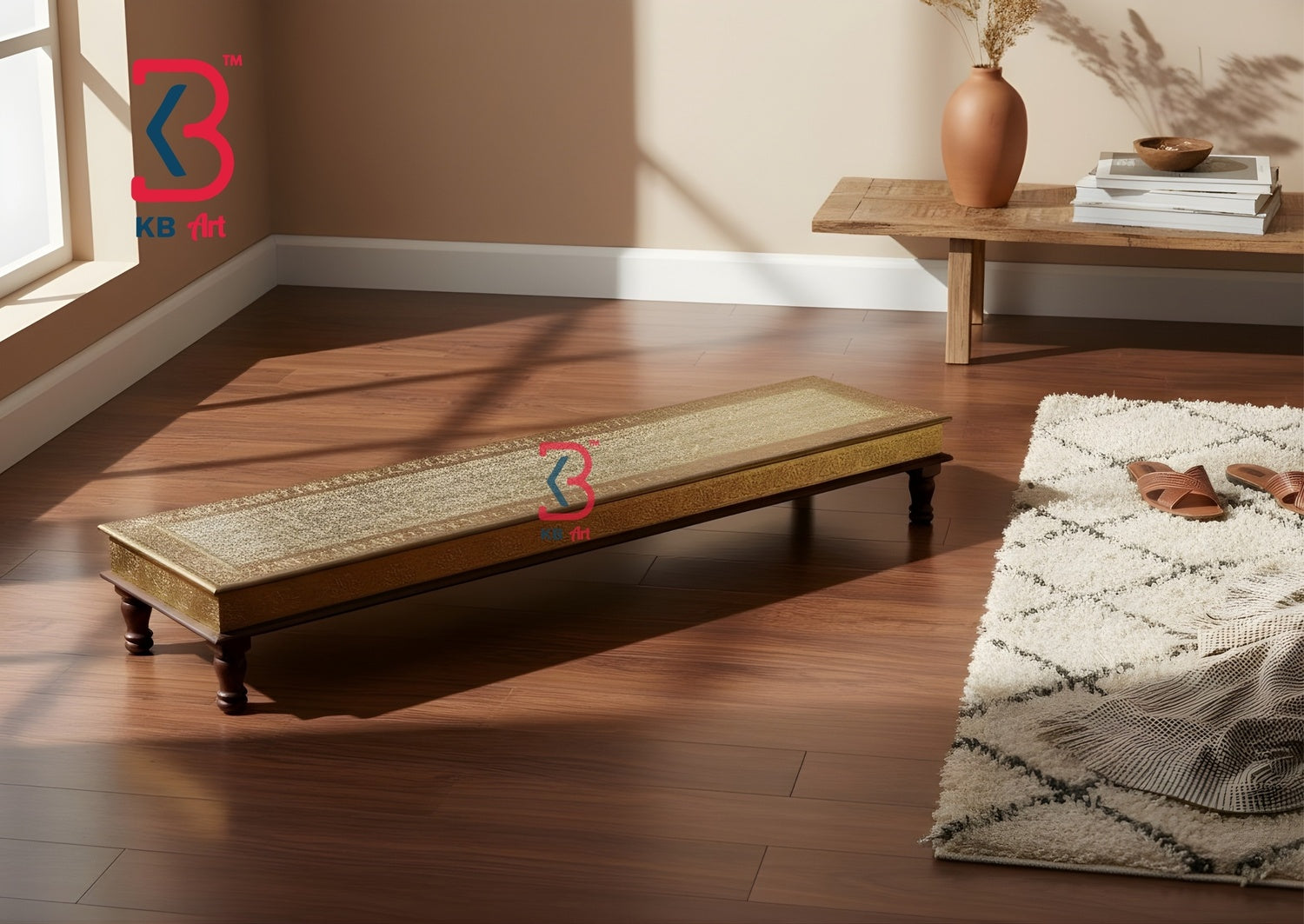 Wooden bench in a room with a rug and a table with decor items.