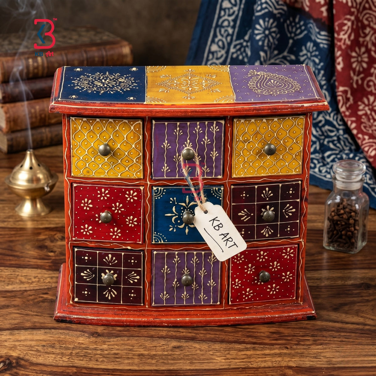 KB ART Wooden 9 Drawer Mdf Almirah Box Red - Front View of Handcrafted Detailing - Handcrafted Wooden Decor Jodhpur