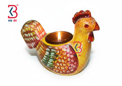 KB ART Painted Rooster Chicken Tlight Holder - Front View of Handcrafted Detailing - Handcrafted Wooden Decor Jodhpur