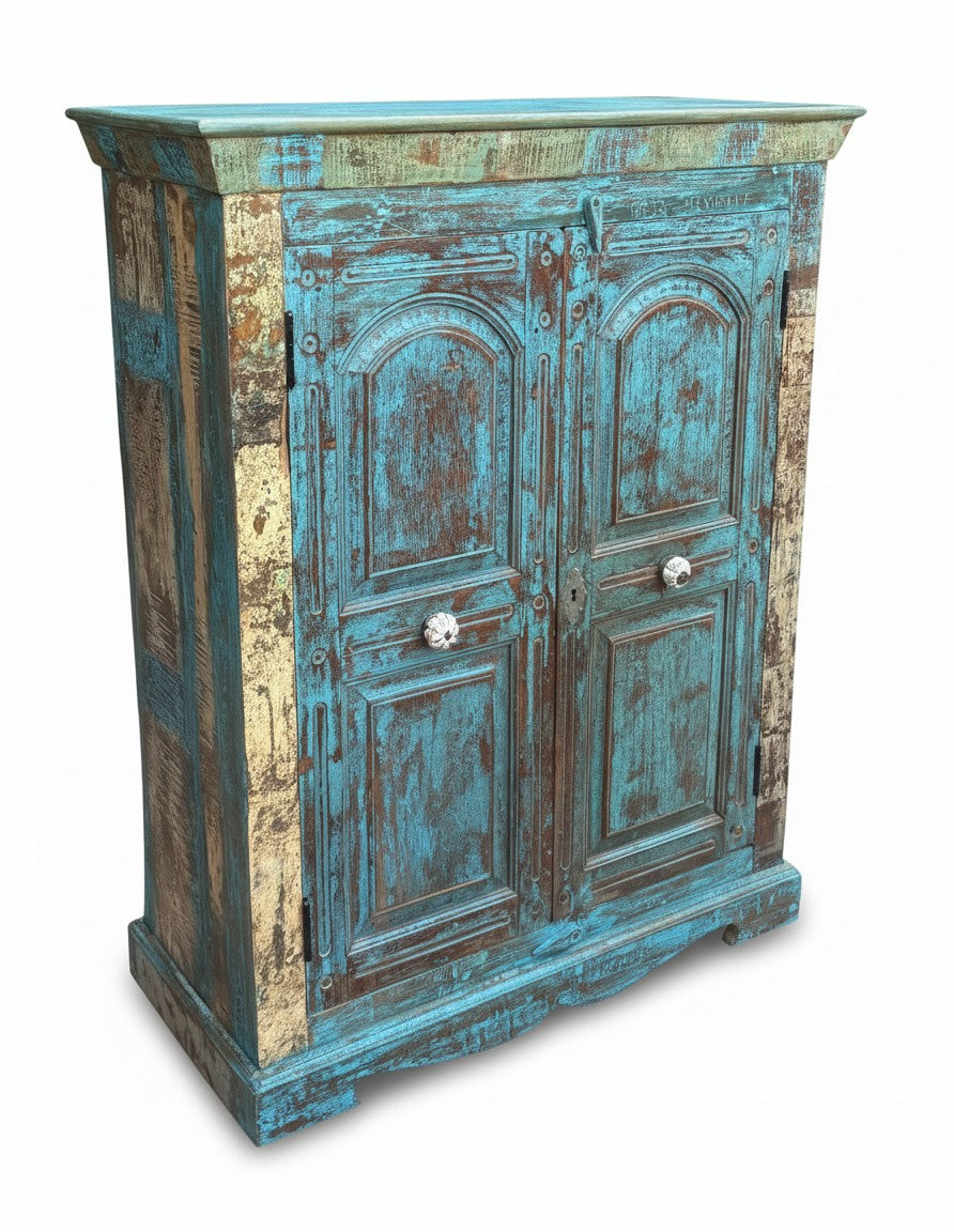 Vintage Organic Wood Almirah - close-up detail of hand-carved solid wood finish and joinery, KBART SKU KBART-1099