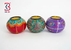 KB ART Wooden Round Oval Tlight Candle Set - Front View of Handcrafted Detailing - Handcrafted Wooden Decor Jodhpur