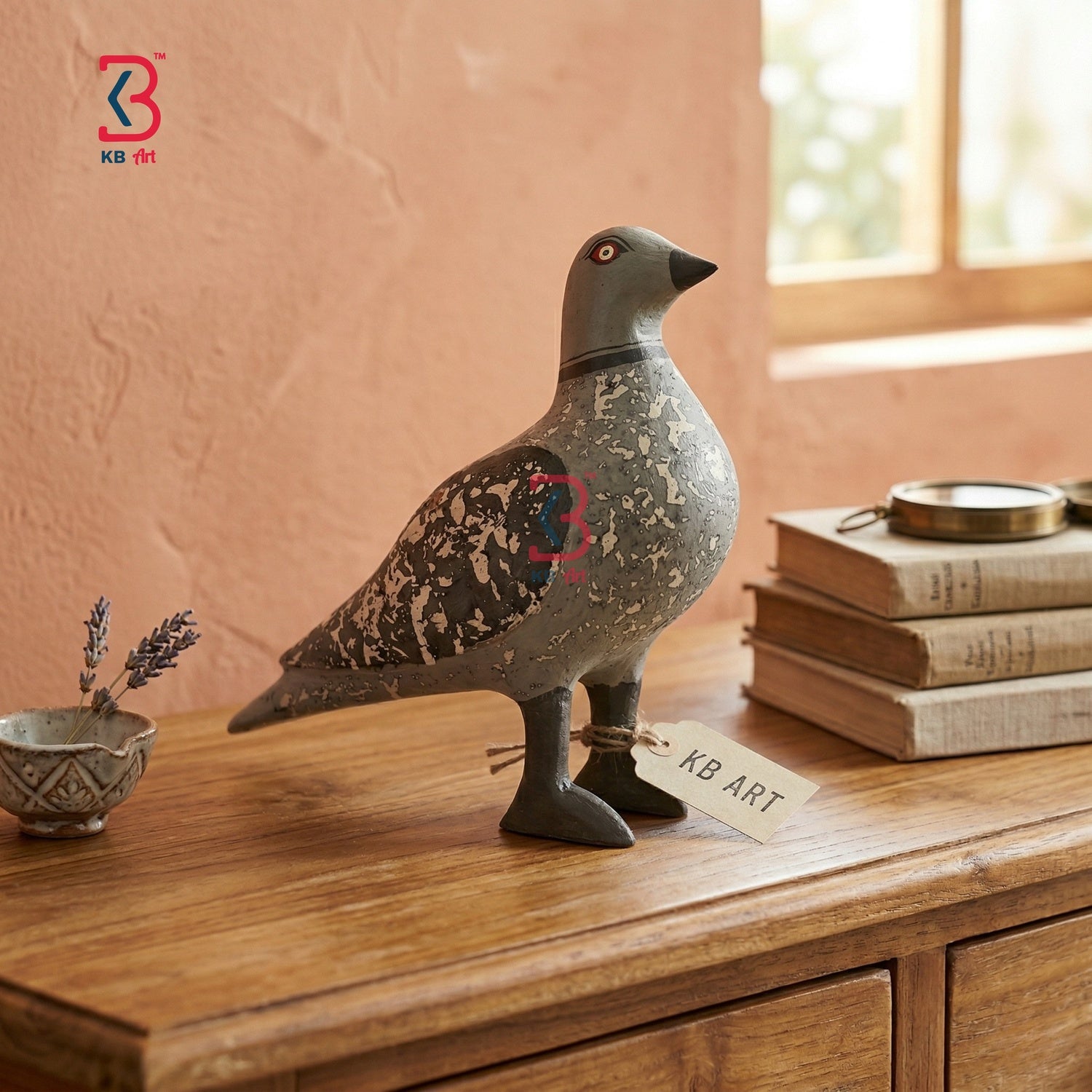 KB ART Antique Grey Pigeon Wooden Bird Sculpture - Close-Up of Hand-Carved Artisan Texture - Handcrafted Wooden Decor Jodhpur