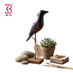 KB ART Handcrafted Minimalist Wooden Sparrow Statue With Metal Stand Modern Table Decor - Close-Up of Hand-Carved Artisan Texture - Handcrafted Wooden Decor Jodhpur