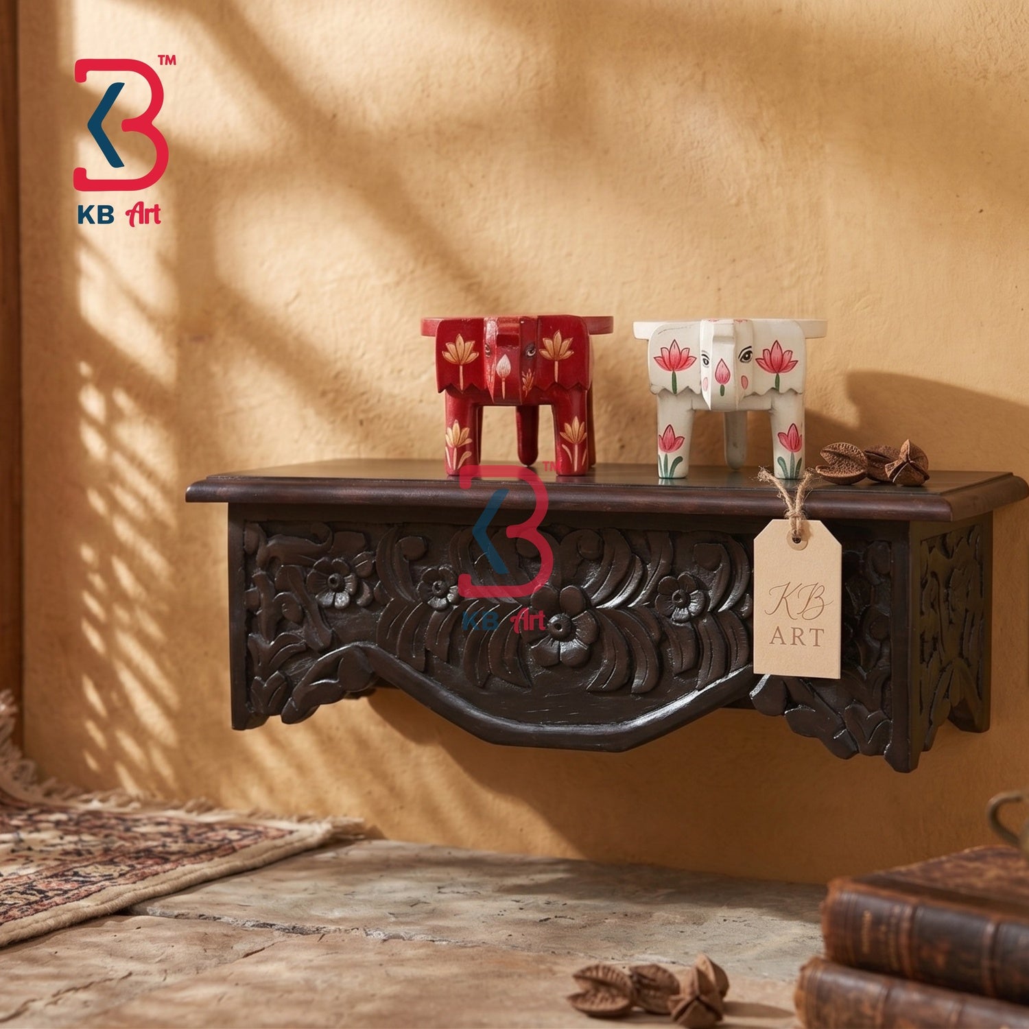 KB ART Hand Carved Brown Wooden Wall Shelf Antique Floral Decorative Wall Console - Close-Up of Hand-Carved Artisan Texture - Handcrafted Wooden Decor Jodhpur