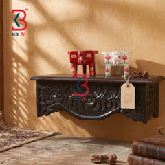 KB ART Hand Carved Brown Wooden Wall Shelf Antique Floral Decorative Wall Console - Close-Up of Hand-Carved Artisan Texture - Handcrafted Wooden Decor Jodhpur