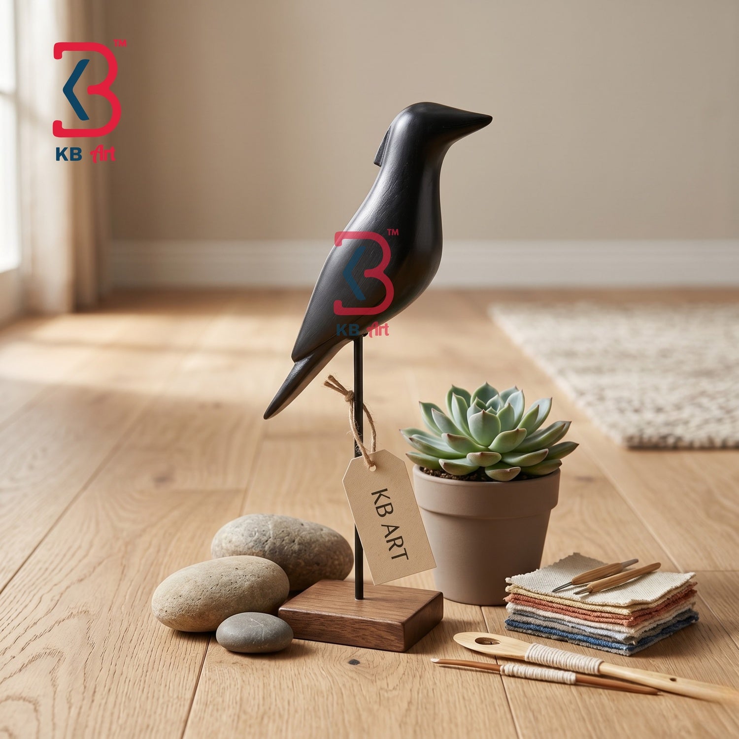 KB ART Handcrafted Minimalist Wooden Sparrow Statue With Metal Stand Modern Table Decor - Front View of Handcrafted Detailing - Handcrafted Wooden Decor Jodhpur