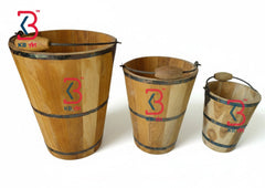 KB ART Wooden Set Of 3 Bucket - Front View of Handcrafted Detailing - Handcrafted Wooden Decor Jodhpur