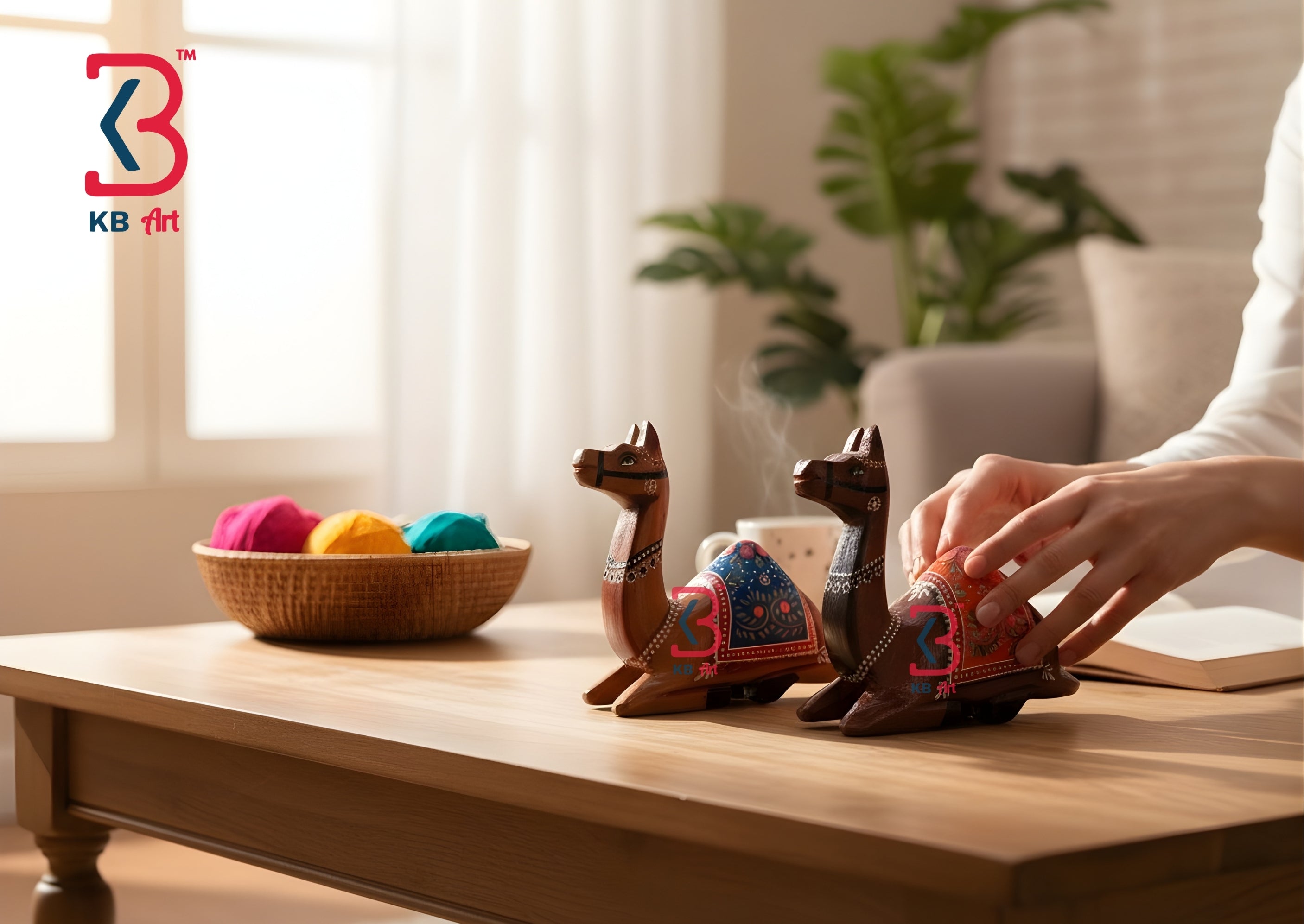 KB ART Sitting Wooden Camels Set Hand Painted Decorative Animal Figurines - Close-Up of Hand-Carved Artisan Texture - Handcrafted Wooden Decor Jodhpur
