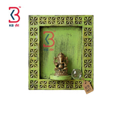 KB ART Green Distressed Wooden Carved Wall Frame Decorative Altar Photo Frame - Close-Up of Hand-Carved Artisan Texture - Handcrafted Wooden Decor Jodhpur