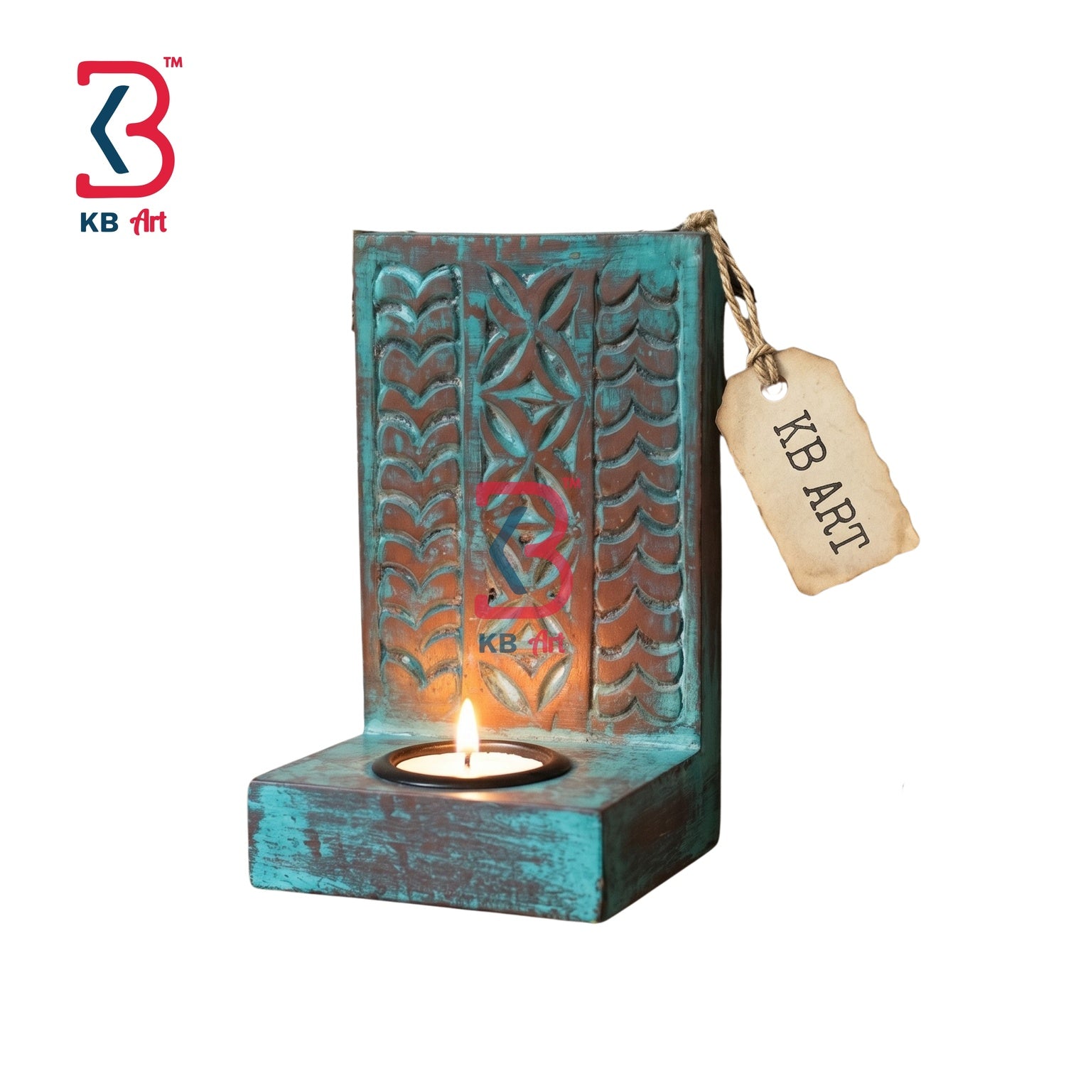KB ART Teal Blue Carved Wooden Wall Tealight Holder Rustic Sconce Decor - Close-Up of Hand-Carved Artisan Texture - Handcrafted Wooden Decor Jodhpur
