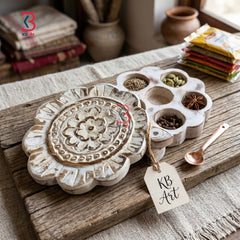 KB ART Wooden Carved Masala Box Flower Shape - Close-Up of Hand-Carved Artisan Texture - Handcrafted Wooden Decor Jodhpur
