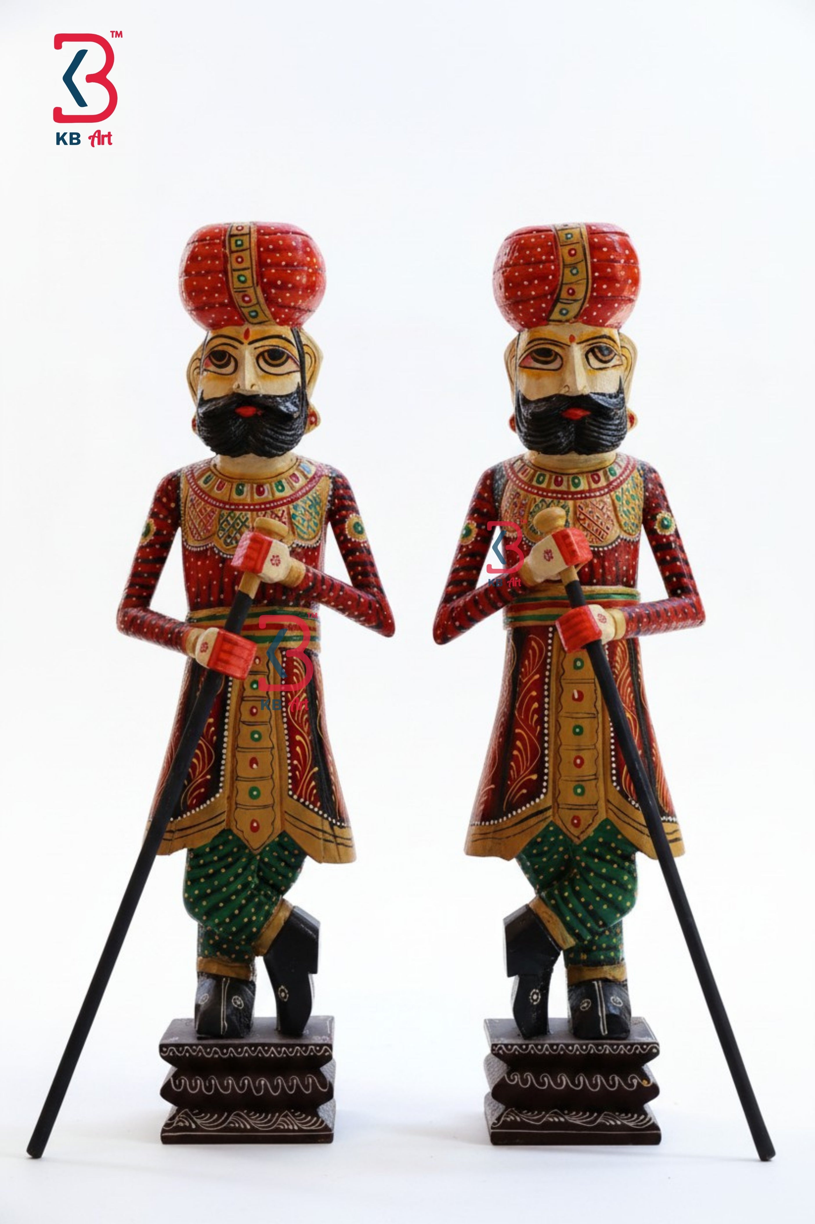 KB ART Handcrafted Wooden Chowkidar Set Tradition - Front View of Handcrafted Detailing - Handcrafted Wooden Decor Jodhpur