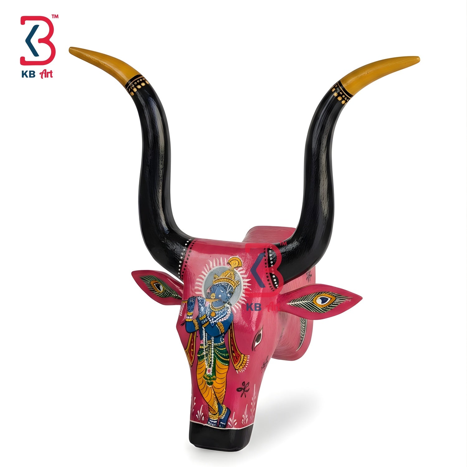 KB ART Hand Painted Pink Wooden Bull Head Traditional Rajasthani Wall Hanging Art - Styled Display in Home Interior Setting - Handcrafted Wooden Decor Jodhpur