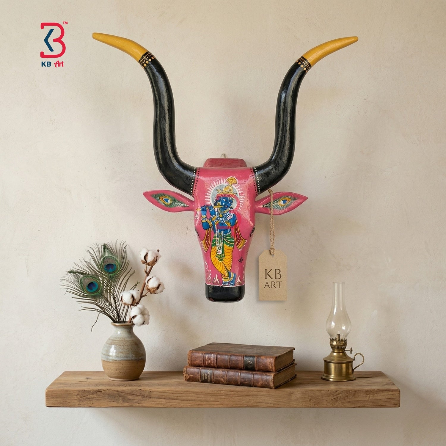 KB ART Hand Painted Pink Wooden Bull Head Traditional Rajasthani Wall Hanging Art - Close-Up of Hand-Carved Artisan Texture - Handcrafted Wooden Decor Jodhpur