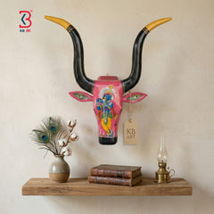 KB ART Hand Painted Pink Wooden Bull Head Traditional Rajasthani Wall Hanging Art - Close-Up of Hand-Carved Artisan Texture - Handcrafted Wooden Decor Jodhpur