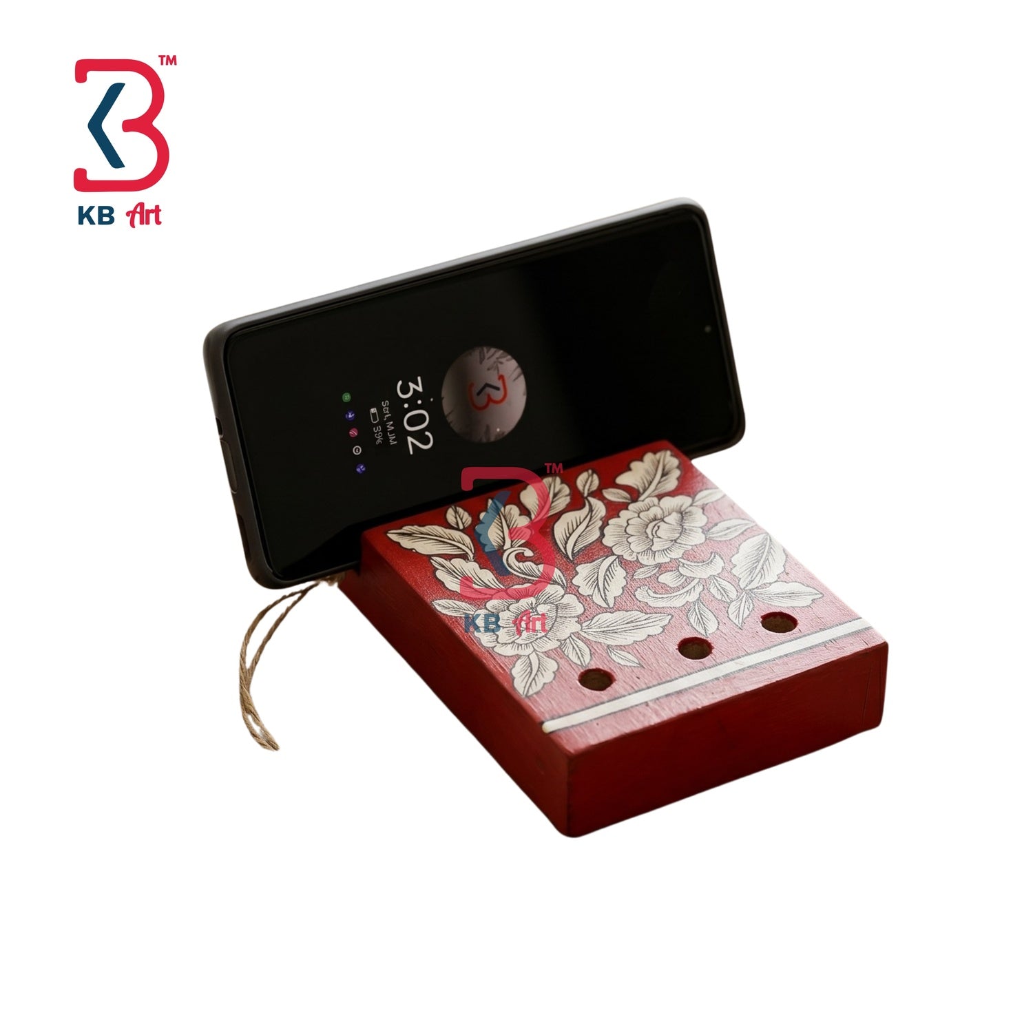 KB ART Red Floral Mobile Pen Stand Desk Organizer - Side Angle Showing Finish and Craftsmanship - Handcrafted Wooden Decor Jodhpur